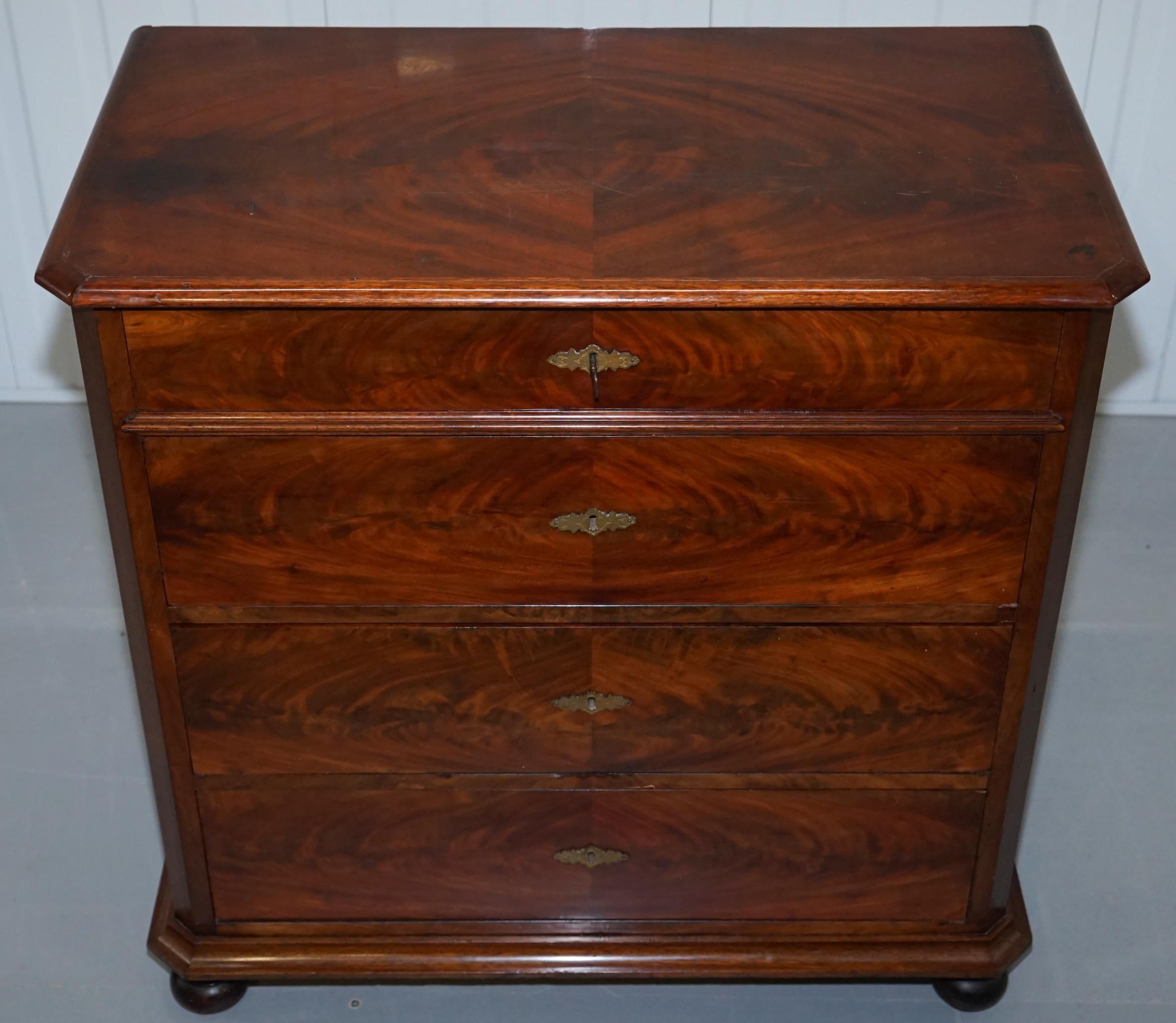 Hand-Carved Stunning Biedermeier Flamed Mahogany Small Chest of Drawers Rare Find circa 1820