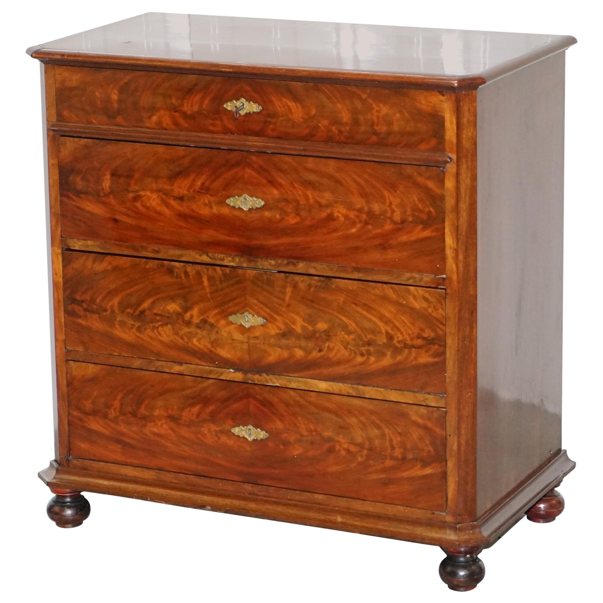 Stunning Biedermeier Flamed Mahogany Small Chest of Drawers Rare Find circa 1820