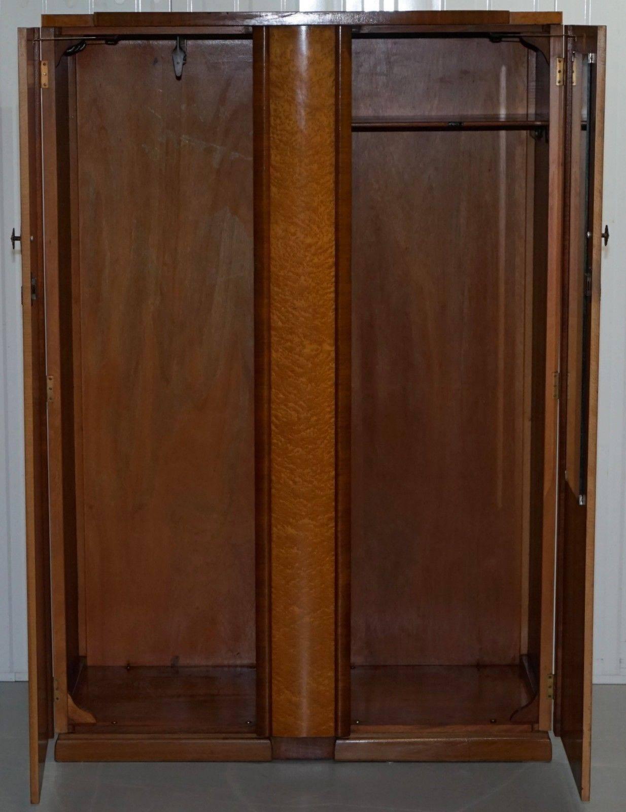 20th Century Stunning Bird's-Eye Maple Tudor Rose Art Deco Wardrobe Part of a Suite