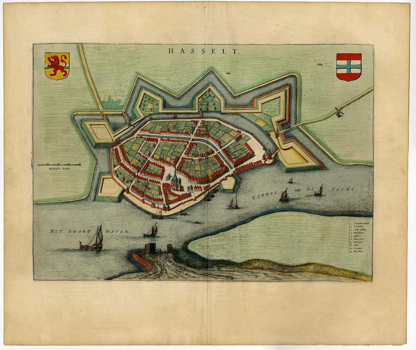 Antique print, titled: 'Hasselt.' 

Bird's-eye view plan of Hasselt in The Netherlands. With key to locations and coats of arms. Text in Dutch on verso. This plan originates from the famous city Atlas: 'Toneel der Steeden' published by Joan Blaeu