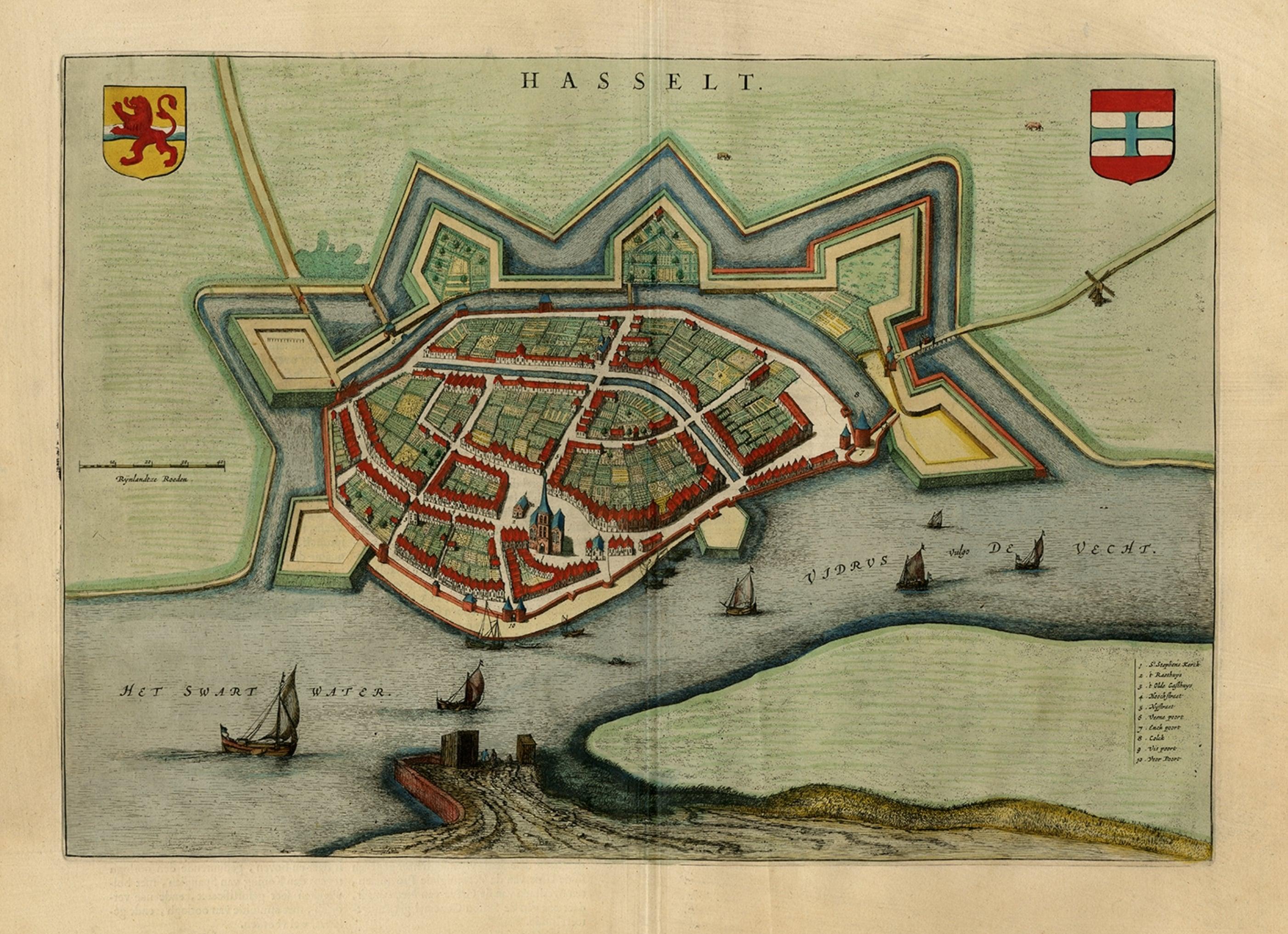 Stunning Bird's-Eye View Plan of Hasselt by Blaeu in The Netherlands, 1649 In Good Condition For Sale In Langweer, NL