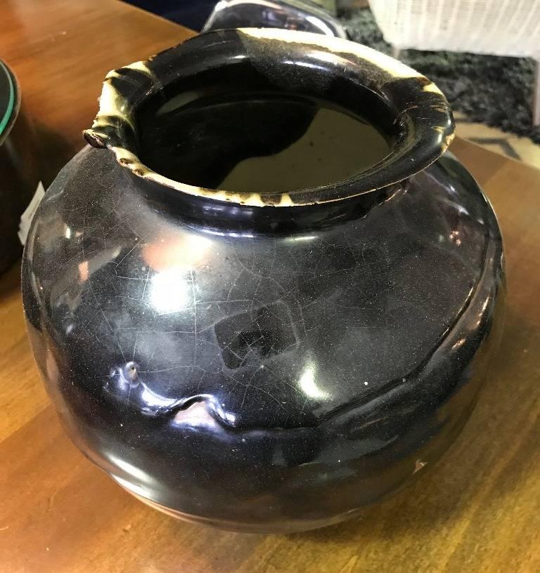 Modern Stunning Large Black Crackle Glazed Ceramic/ Earthenware Signed Pot 