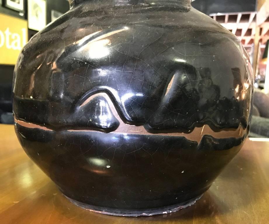 Hand-Crafted Stunning Large Black Crackle Glazed Ceramic/ Earthenware Signed Pot 