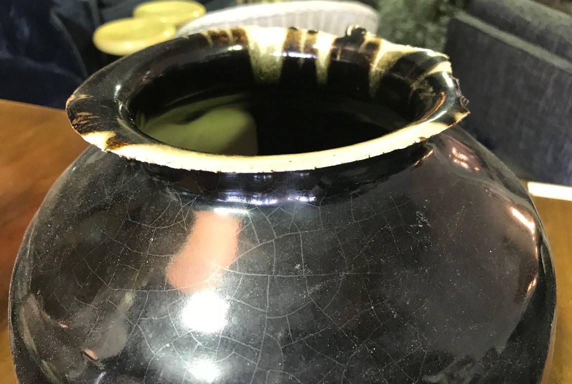 Stunning Large Black Crackle Glazed Ceramic/ Earthenware Signed Pot  In Good Condition In Studio City, CA