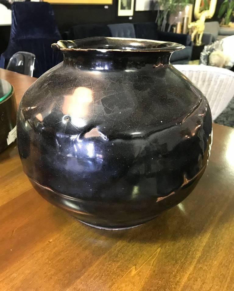 Stunning Large Black Crackle Glazed Ceramic/ Earthenware Signed Pot  2