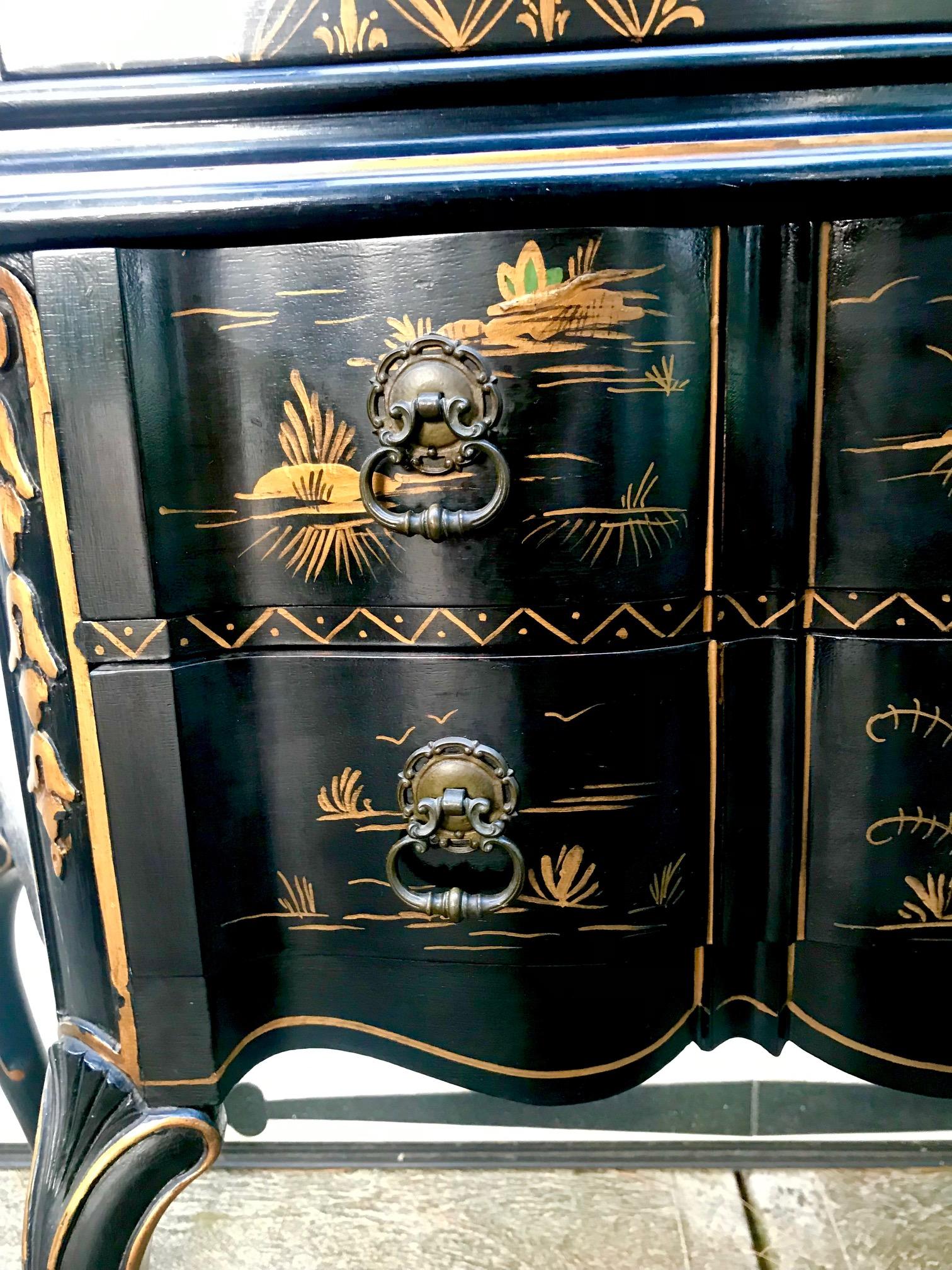North American Stunning Black & Gold Chinoiserie Curio Cabinet Vitrine