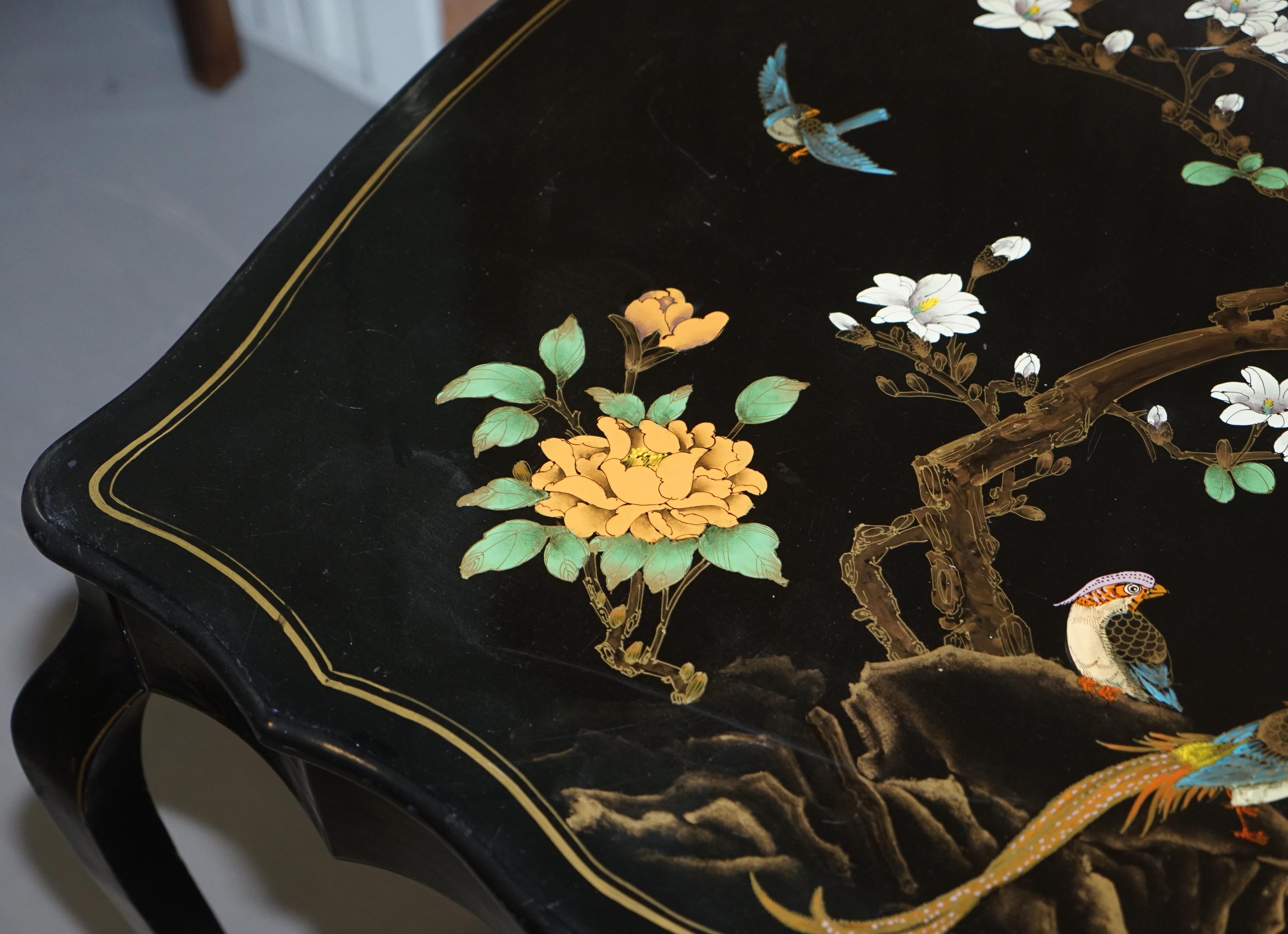 Stunning Black Lacquered Polychrome Painted Writing Table Desk Birds Flowers For Sale 7