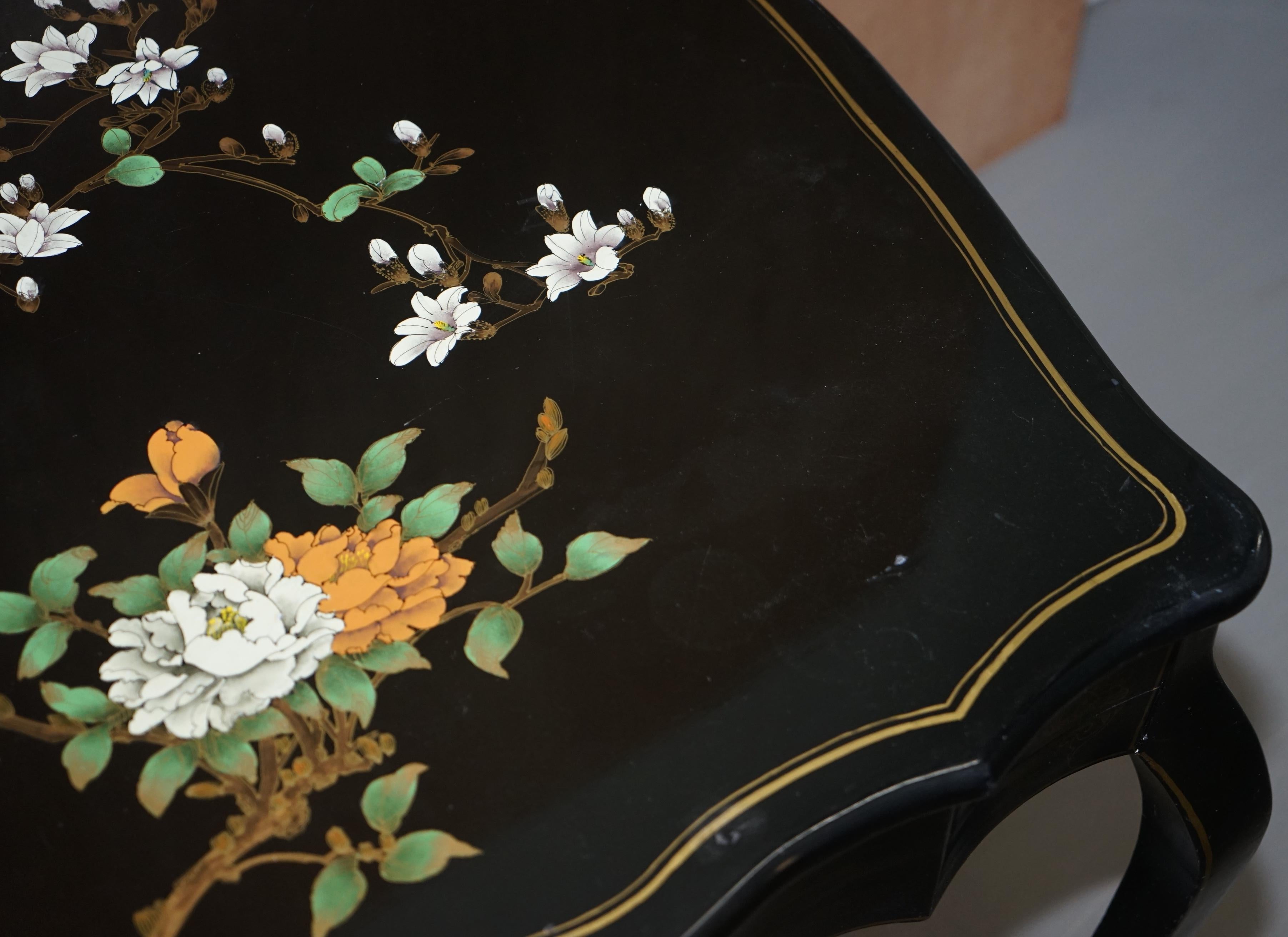 Stunning Black Lacquered Polychrome Painted Writing Table Desk Birds Flowers For Sale 8