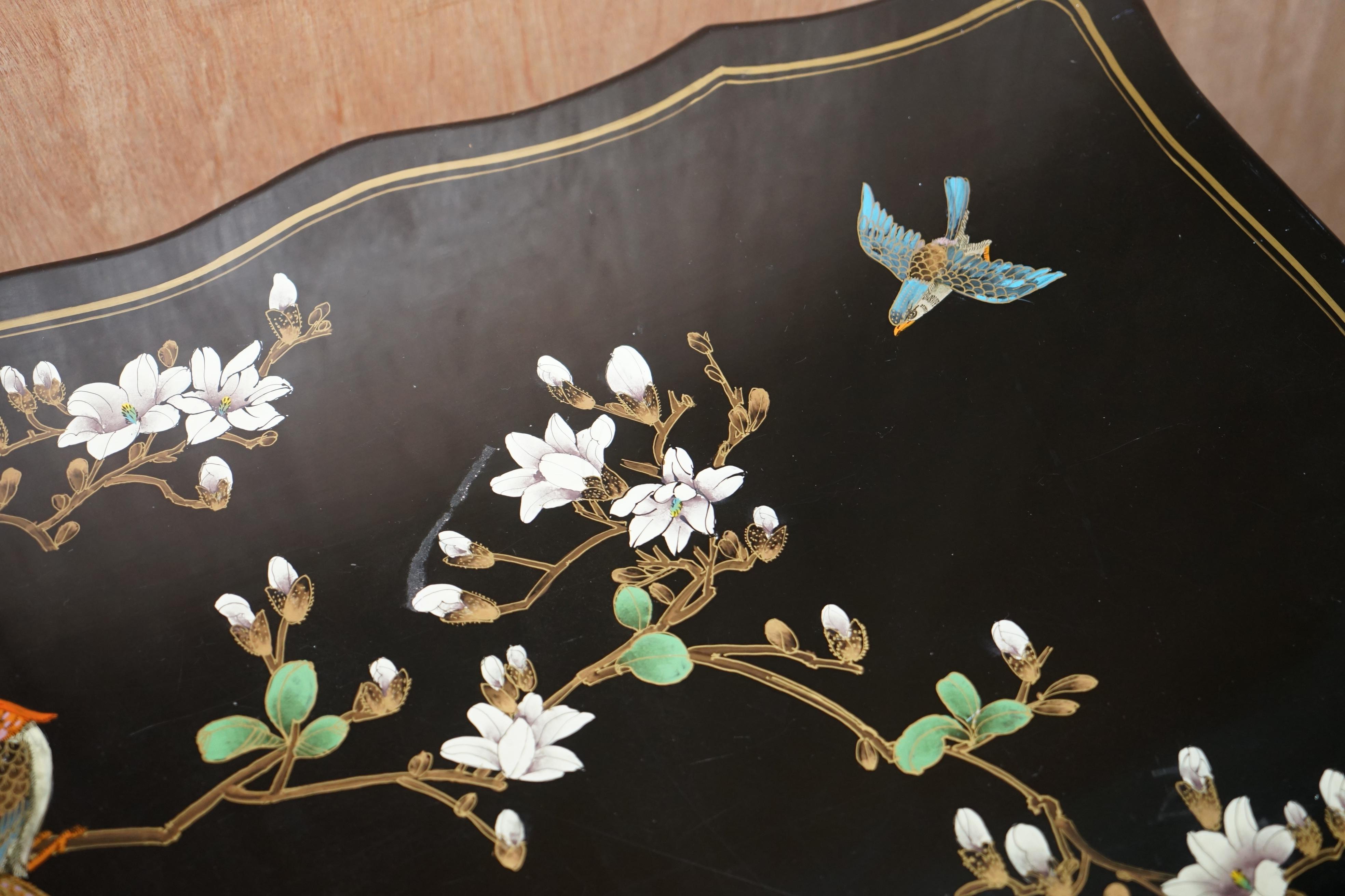 Stunning Black Lacquered Polychrome Painted Writing Table Desk Birds Flowers For Sale 9