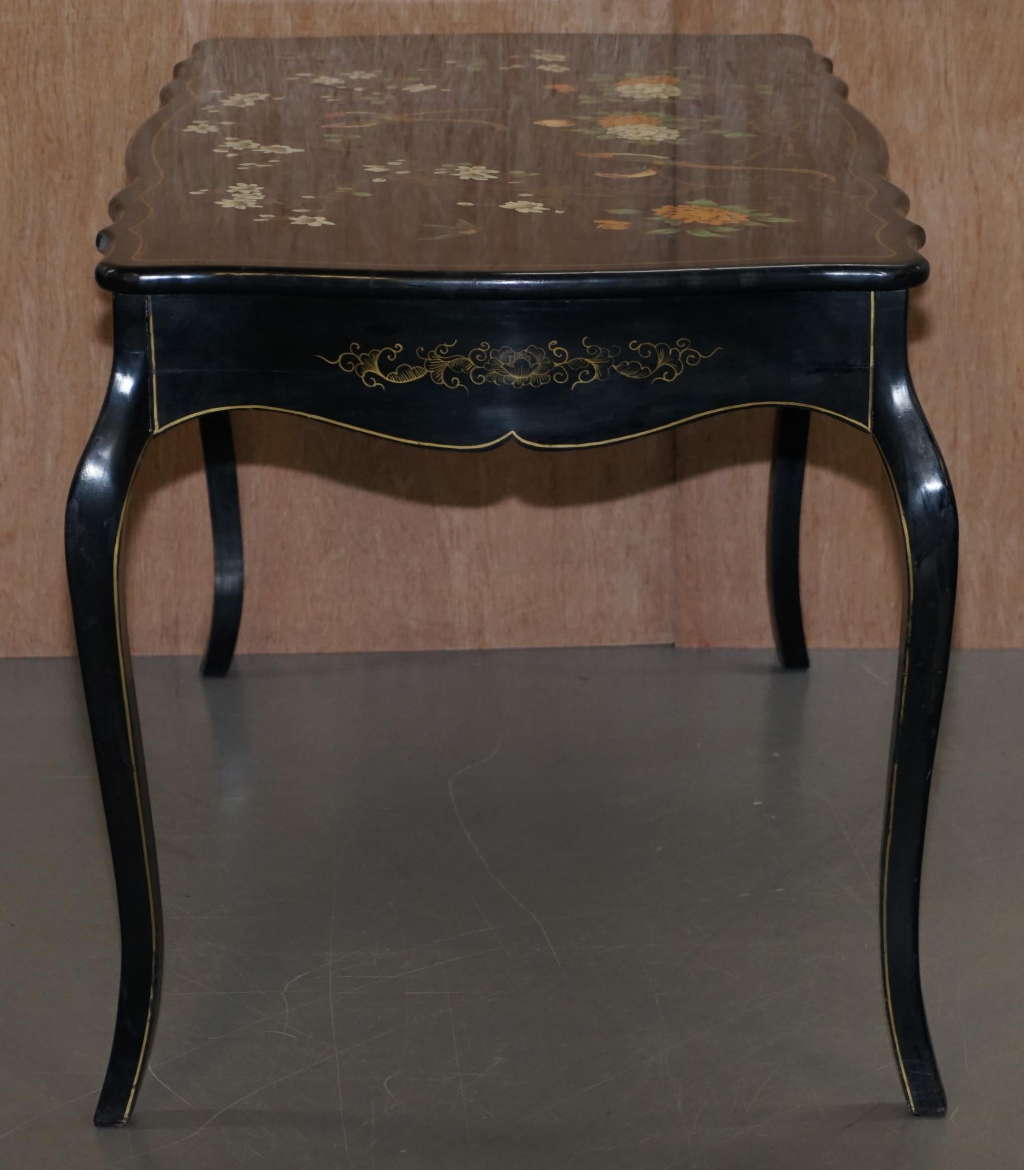 Stunning Black Lacquered Polychrome Painted Writing Table Desk Birds Flowers For Sale 10