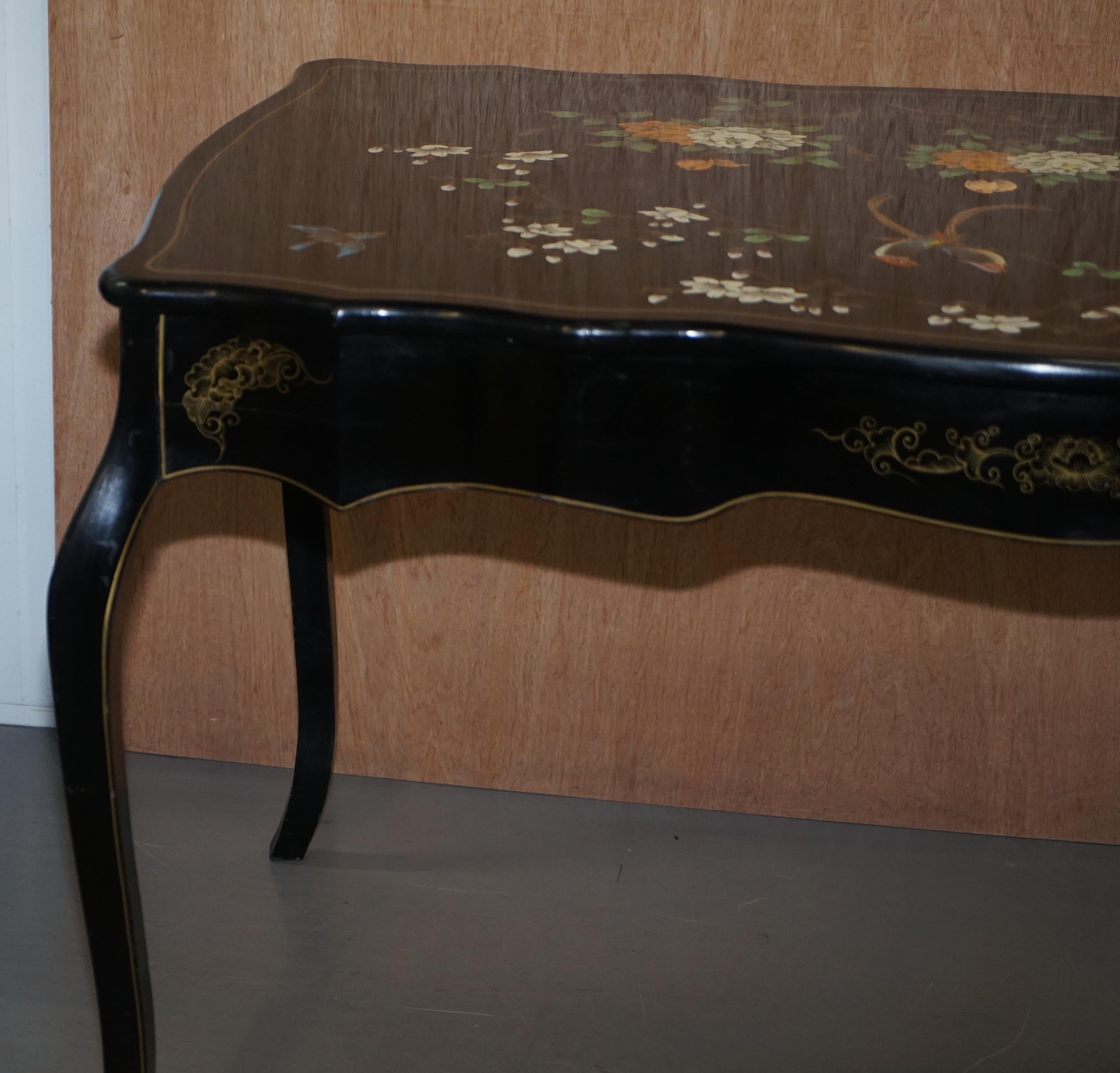 Stunning Black Lacquered Polychrome Painted Writing Table Desk Birds Flowers For Sale 12
