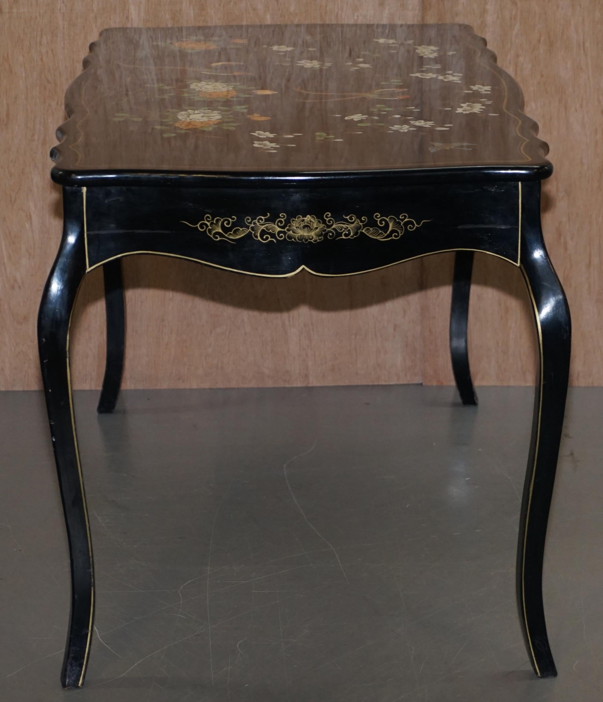 Stunning Black Lacquered Polychrome Painted Writing Table Desk Birds Flowers For Sale 13