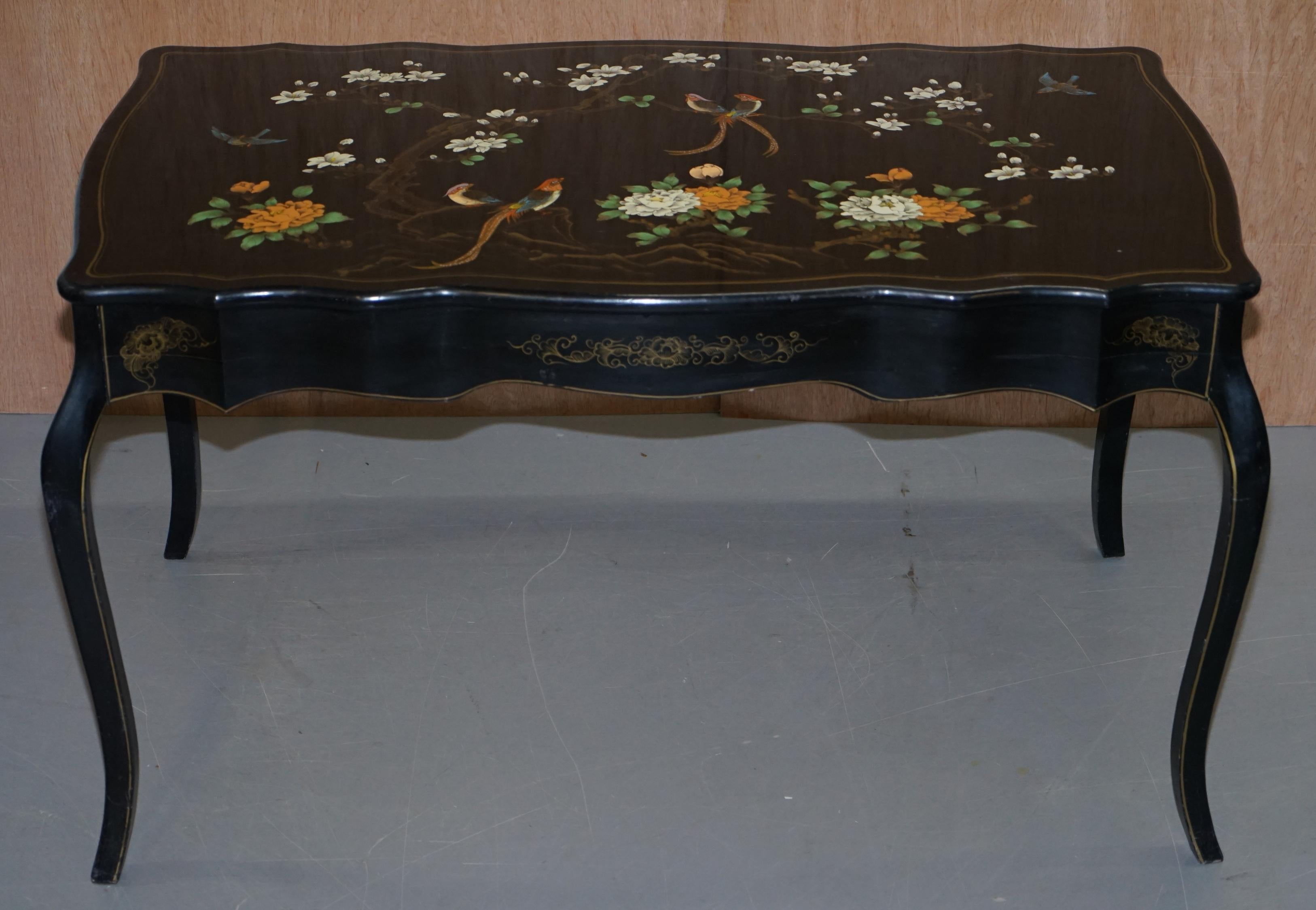 Chinoiserie Stunning Black Lacquered Polychrome Painted Writing Table Desk Birds Flowers For Sale