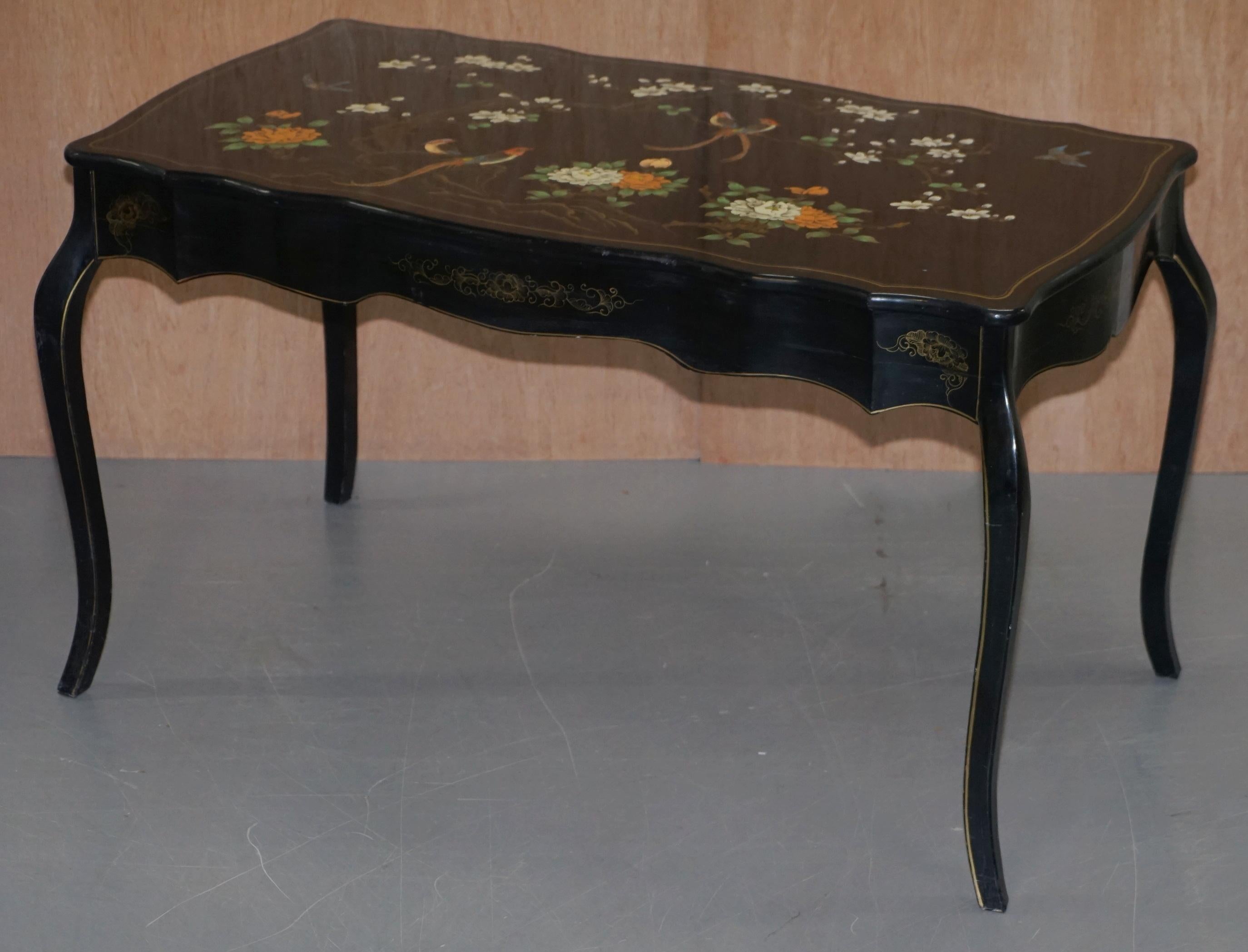 English Stunning Black Lacquered Polychrome Painted Writing Table Desk Birds Flowers For Sale