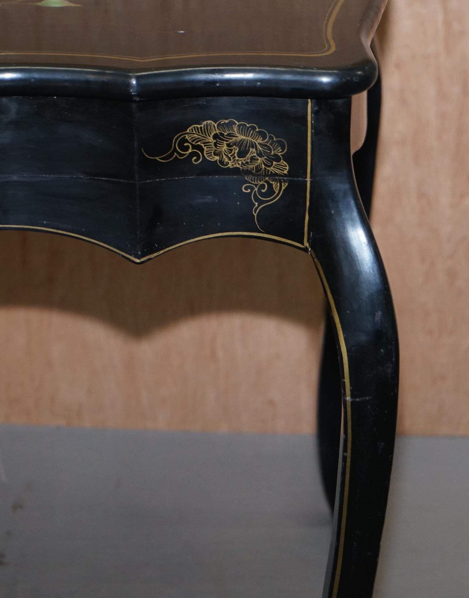 Wood Stunning Black Lacquered Polychrome Painted Writing Table Desk Birds Flowers For Sale