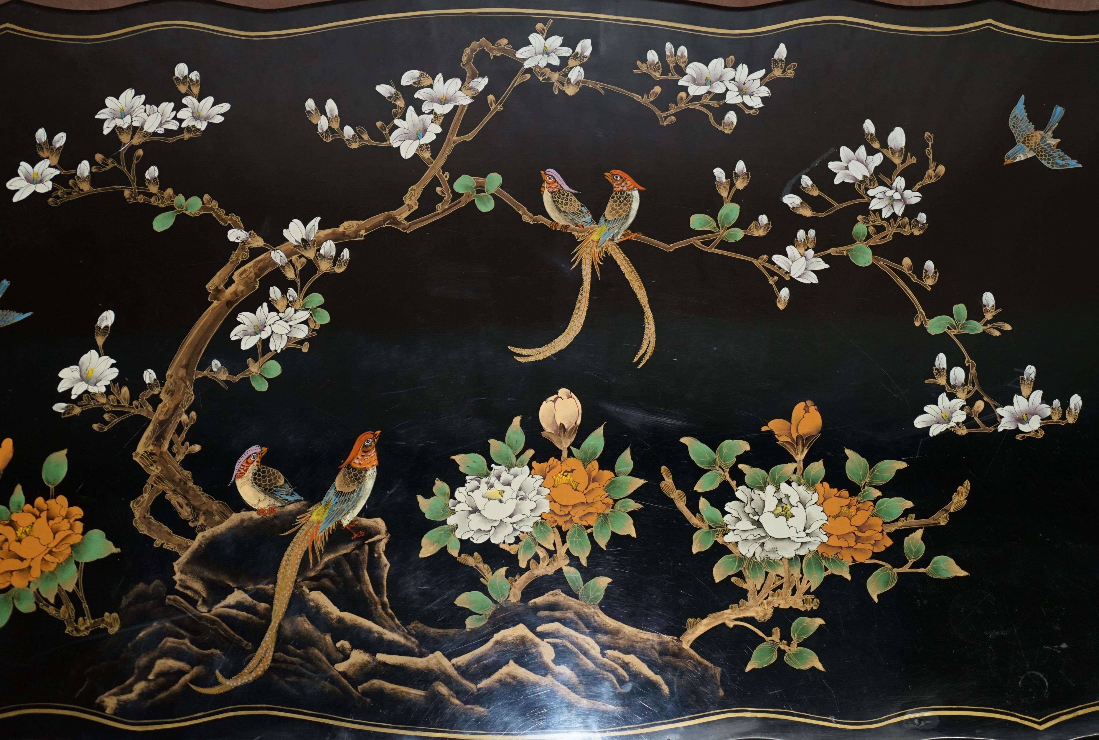 Stunning Black Lacquered Polychrome Painted Writing Table Desk Birds Flowers For Sale 2