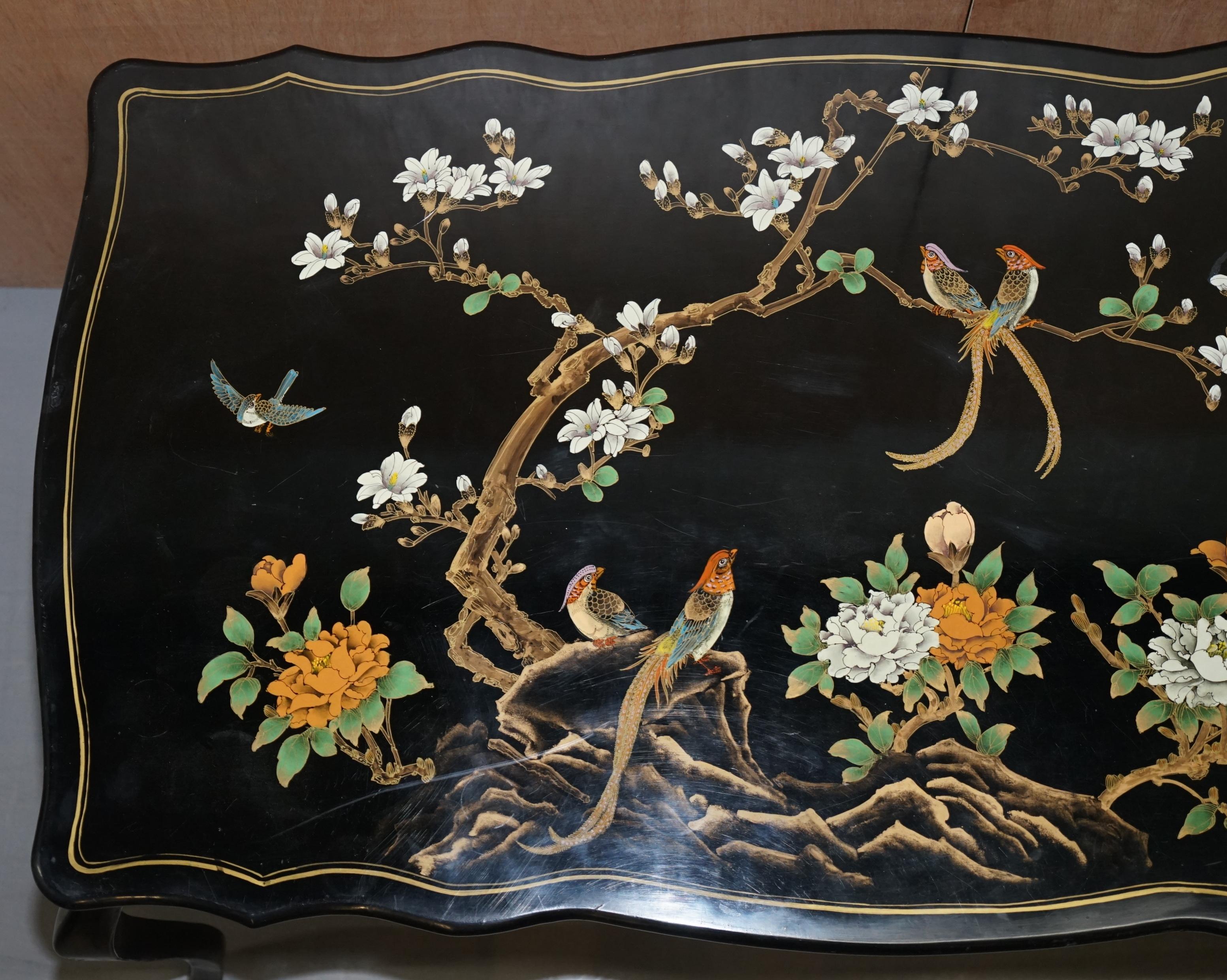 Stunning Black Lacquered Polychrome Painted Writing Table Desk Birds Flowers For Sale 3