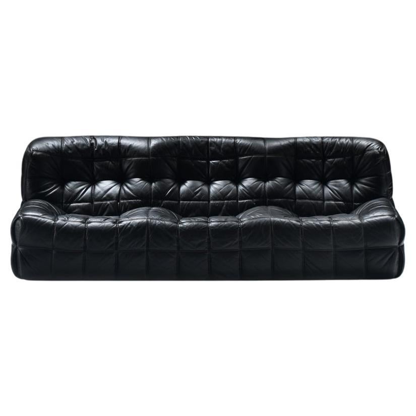 Impresionante sofá Kashima de cuero negro 1985 de Michel Ducaroy - Ligne Roset Francia