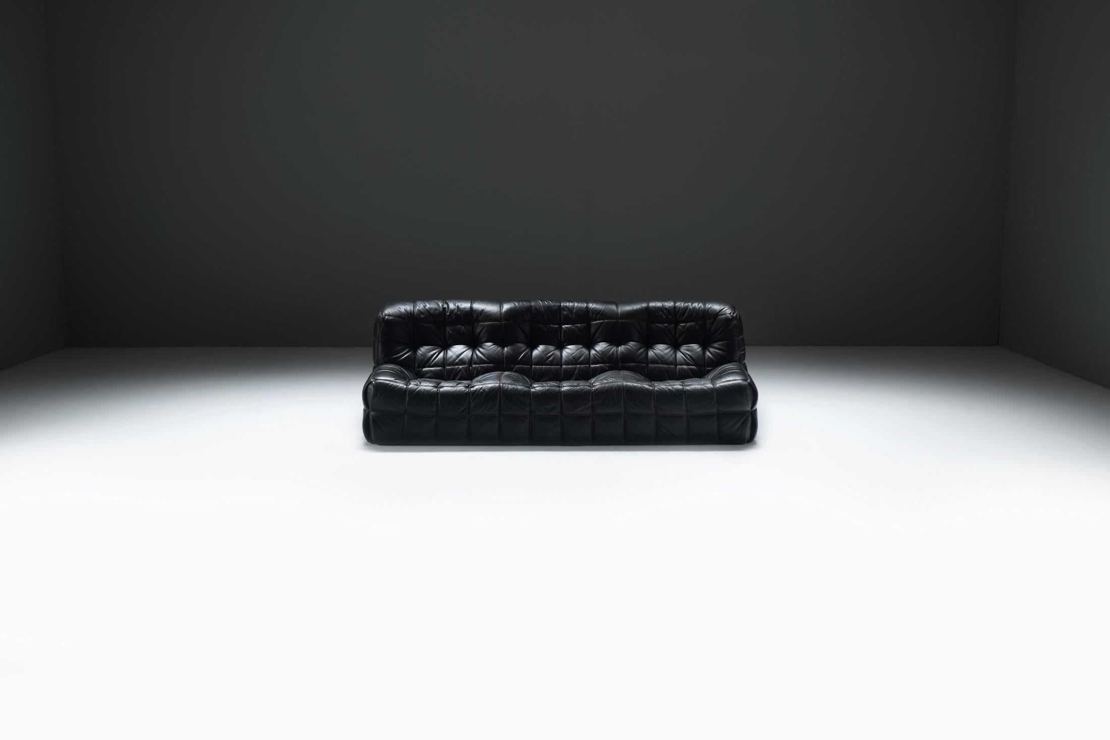 Superbe canapé Kashima en cuir noir 1985 par Michel Ducaroy - Ligne Roset France Bon état - En vente à Buggenhout, Oost-Vlaanderen