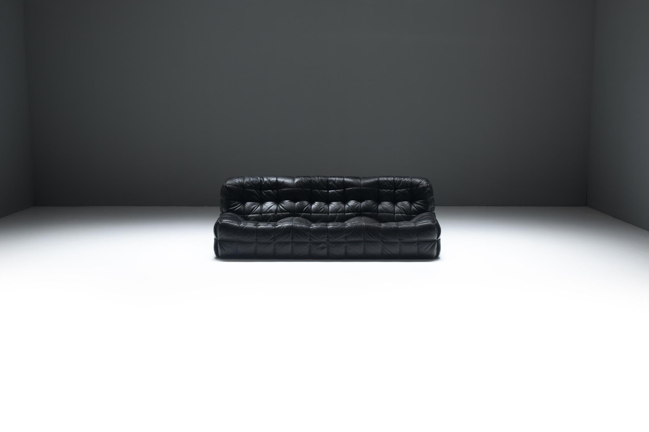 20ième siècle Superbe canapé Kashima en cuir noir 1985 par Michel Ducaroy - Ligne Roset France en vente