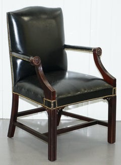 Stunning Black Leather Thomas Chippendale Style Gainsborough Carver Armchair