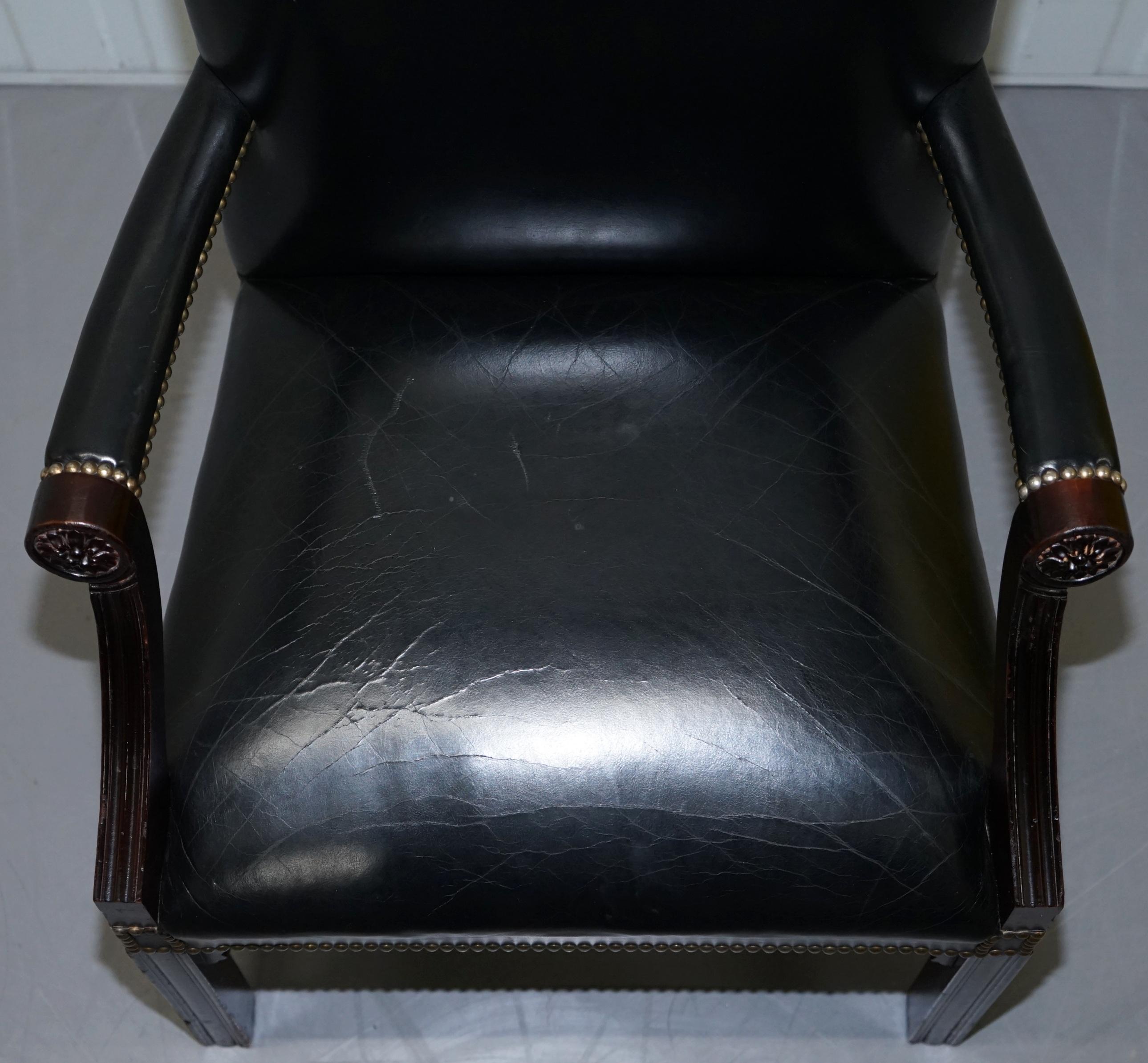 Victorian Stunning Black Leather Thomas Chippendale Style Gainsborough Carver Armchair For Sale