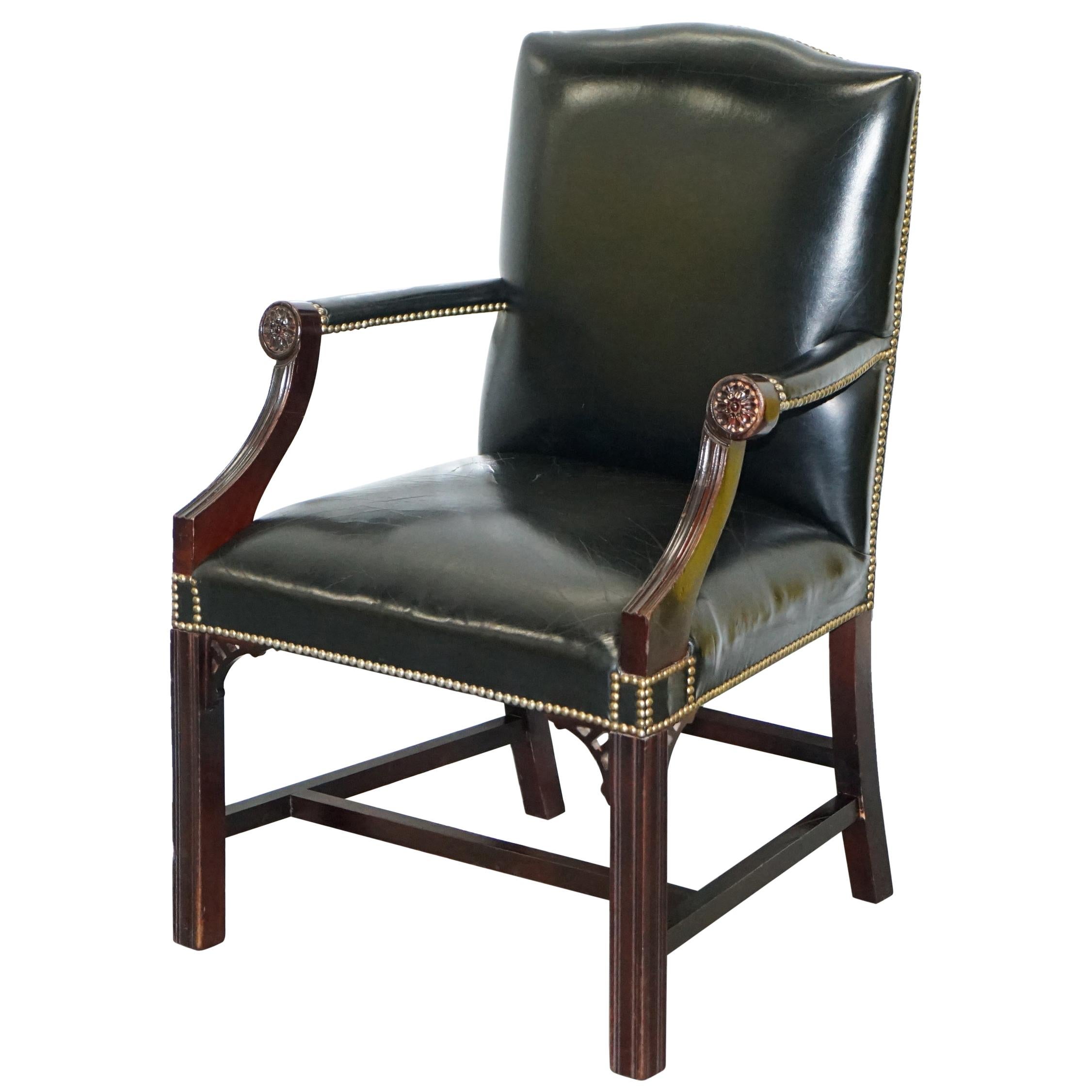 Stunning Black Leather Thomas Chippendale Style Gainsborough Carver Armchair