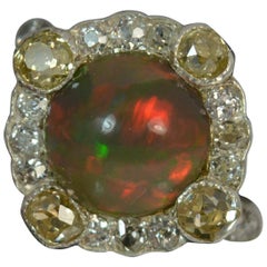 Vintage Stunning Black Opal 1.20 Carat Old Cut Diamond 18 Carat Gold Cluster Ring