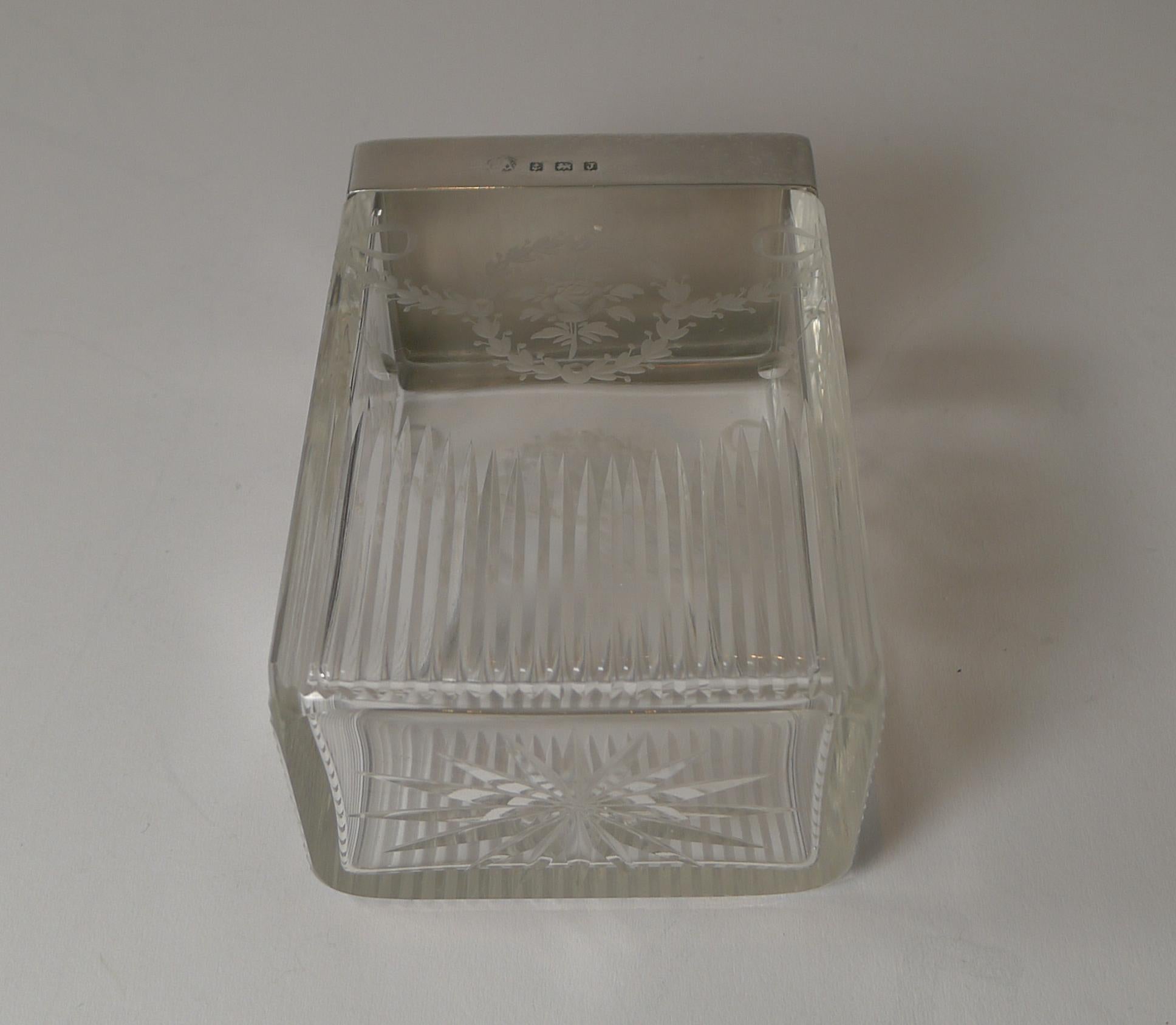 Cut Glass Stunning Blue Enamel and English Silver Lidded Jar / Box, 1933