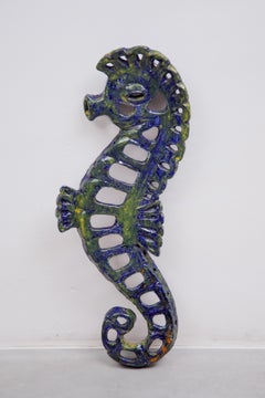 Stunning Blue Glazed Seahorse Wall sculpture, 1970s