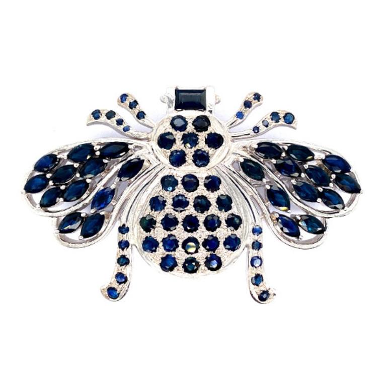 Mixed Cut Big Blue Sapphire Bumble Bee Brooch Pin in 925 Sterling Silver For Sale