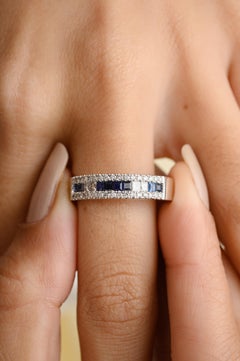 Stunning Blue Sapphire Diamond Engagement Band Ring for Her in 18k White Gold