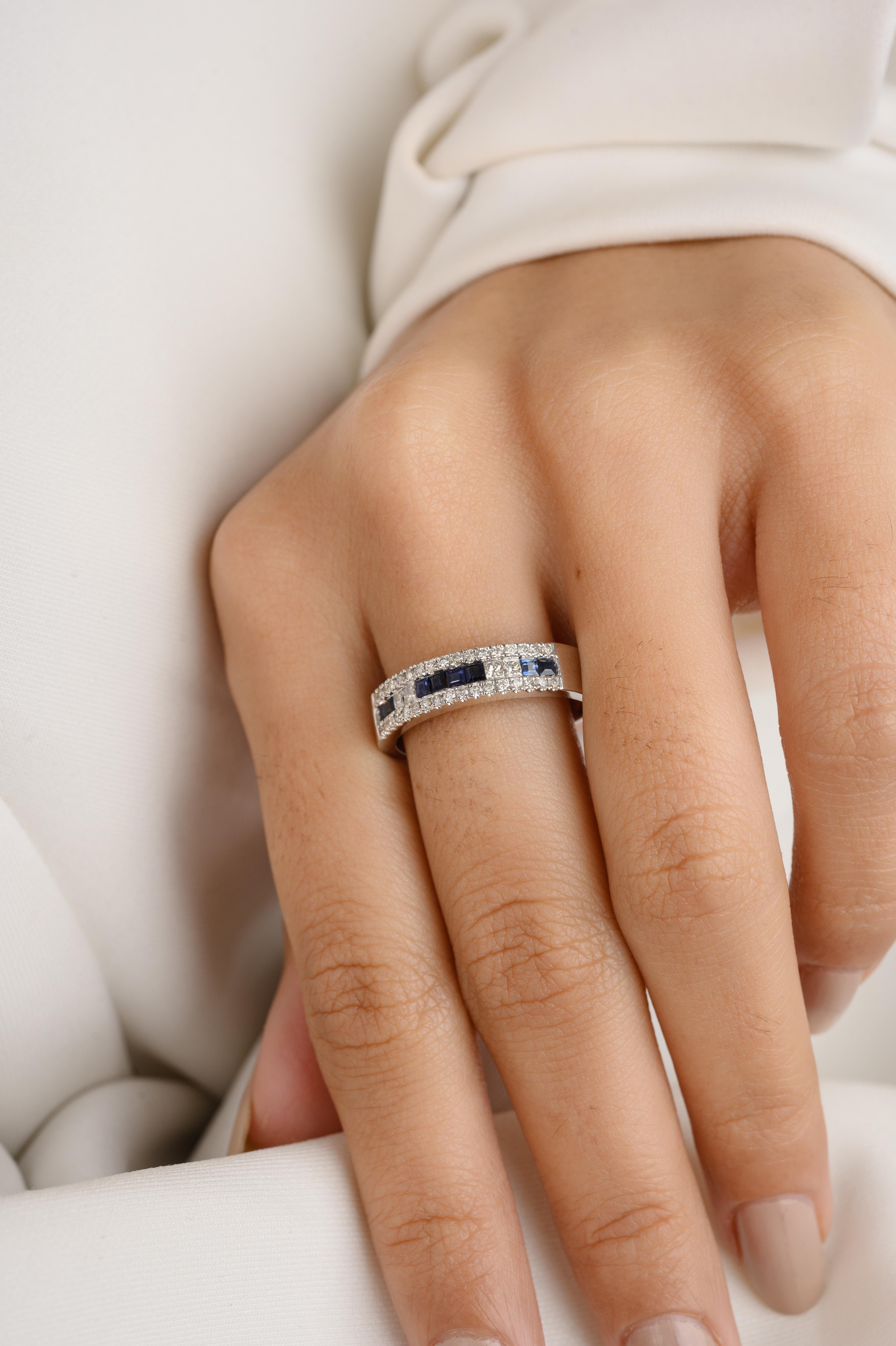 For Sale:  Stunning Blue Sapphire Diamond Engagement Band Ring for Her in 18k White Gold 8