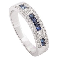 Stunning Blue Sapphire Diamond Engagement Band Ring for Her in 18k White Gold