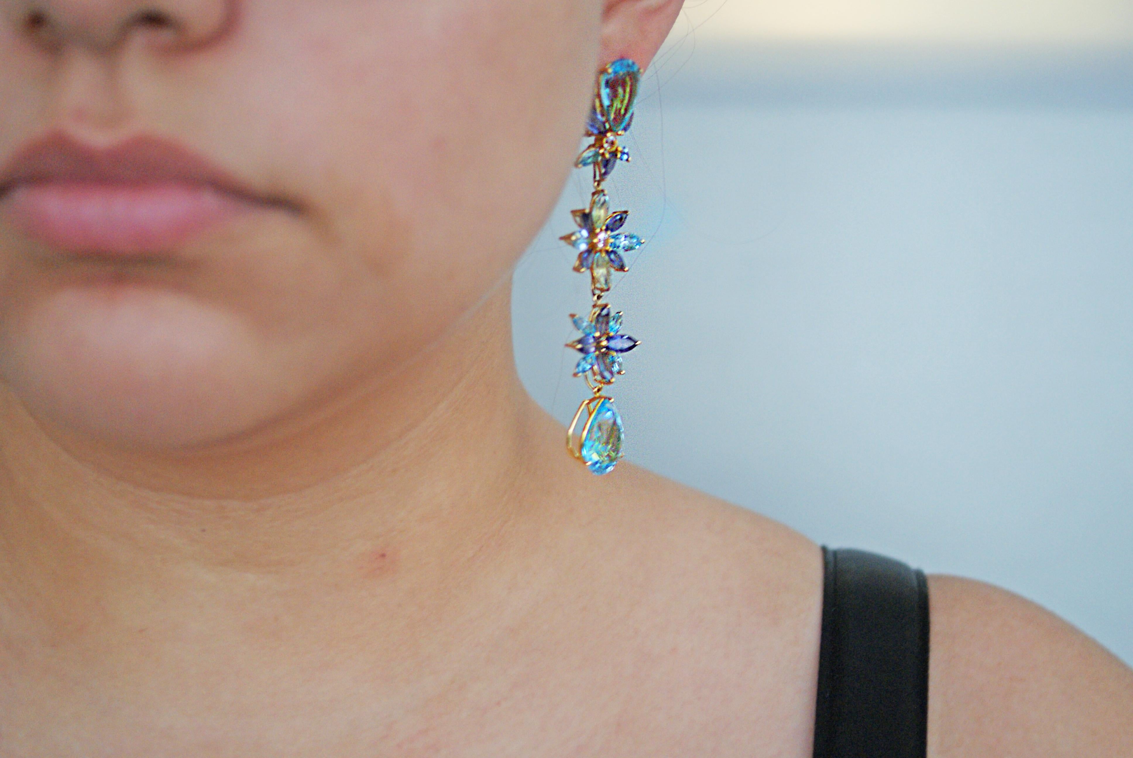 Women's or Men's Stunning Blue Topaz, Amethyst and Diamond 18 Karat Gold Dangling Flower Earrings