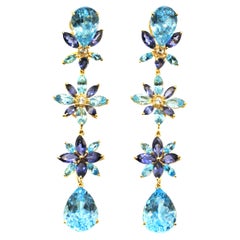 Stunning Blue Topaz, Amethyst and Diamond 18 Karat Gold Dangling Flower Earrings