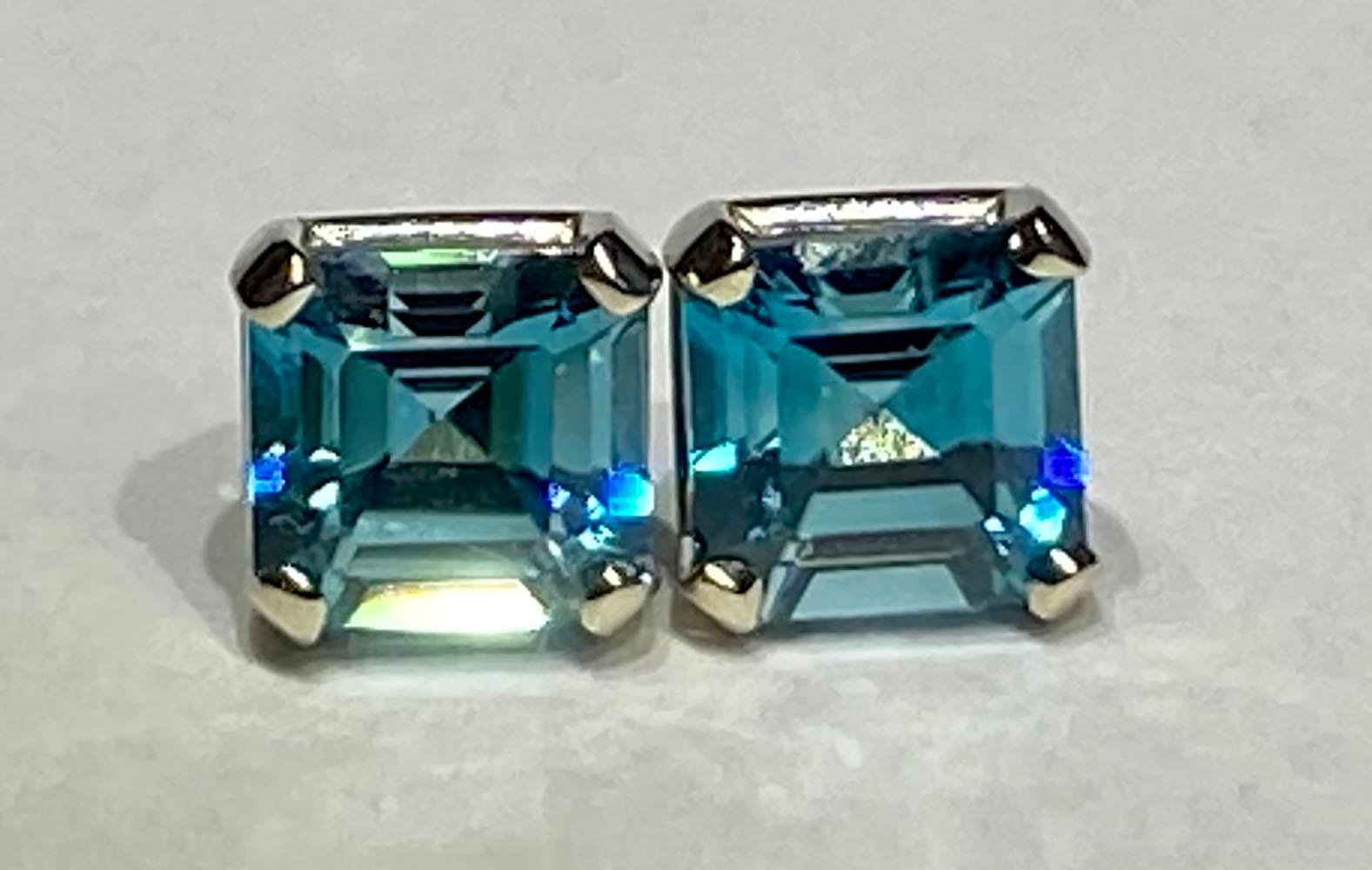 Kary Adam Designed, Octagon cut Blue Zircon Earrings in 14kt White Gold. Blue Zircons are cut in octagon style and weigh 2.13 Carats together. These are set in 14Kt White Gold. 

Originally from San Diego, California, Kary Adam lived in the “Gem