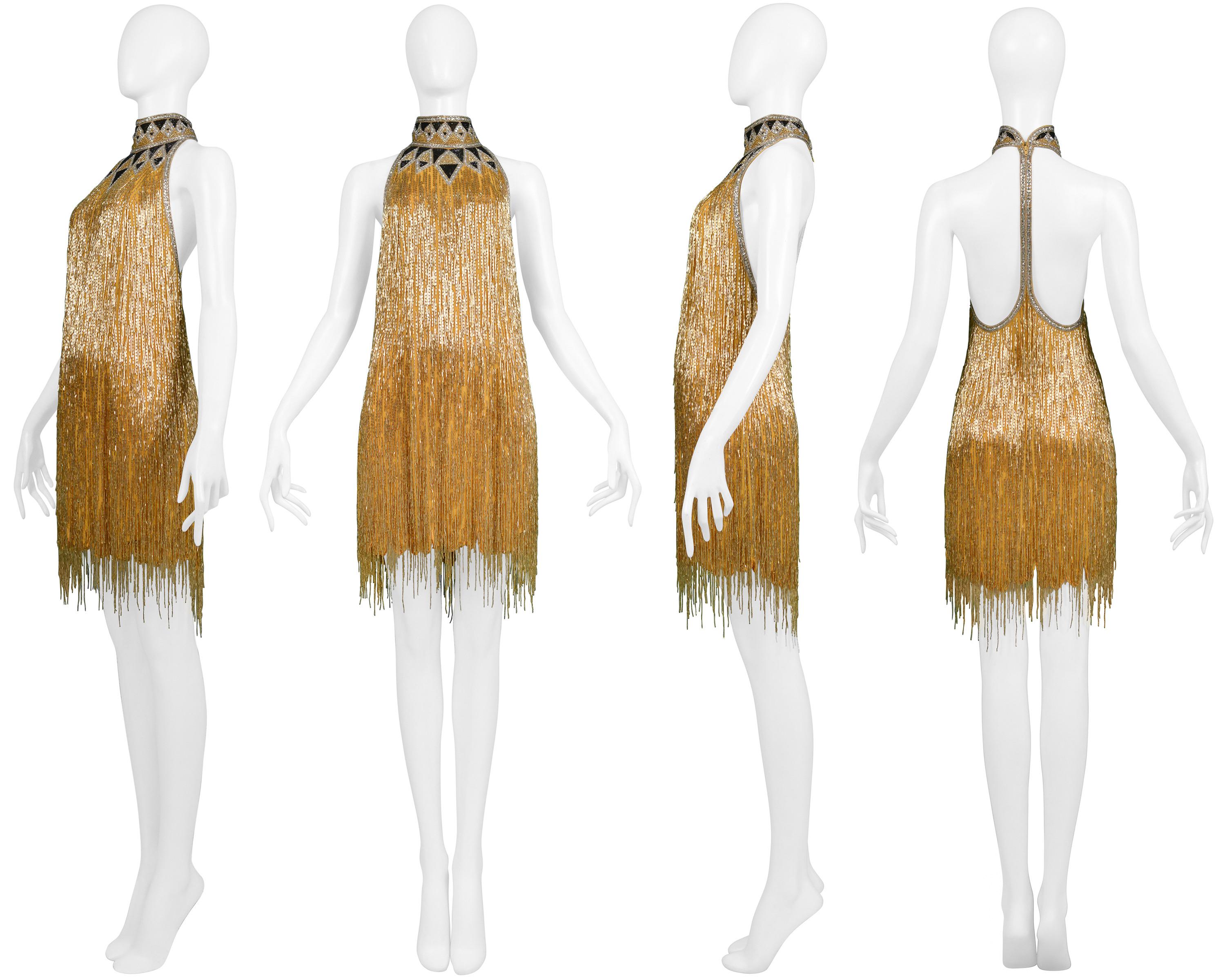 Impresionante Vestido Bob Mackie Dorado y Negro con Cuentas de Inspiración Decó y Espalda al Descubierto en venta 6