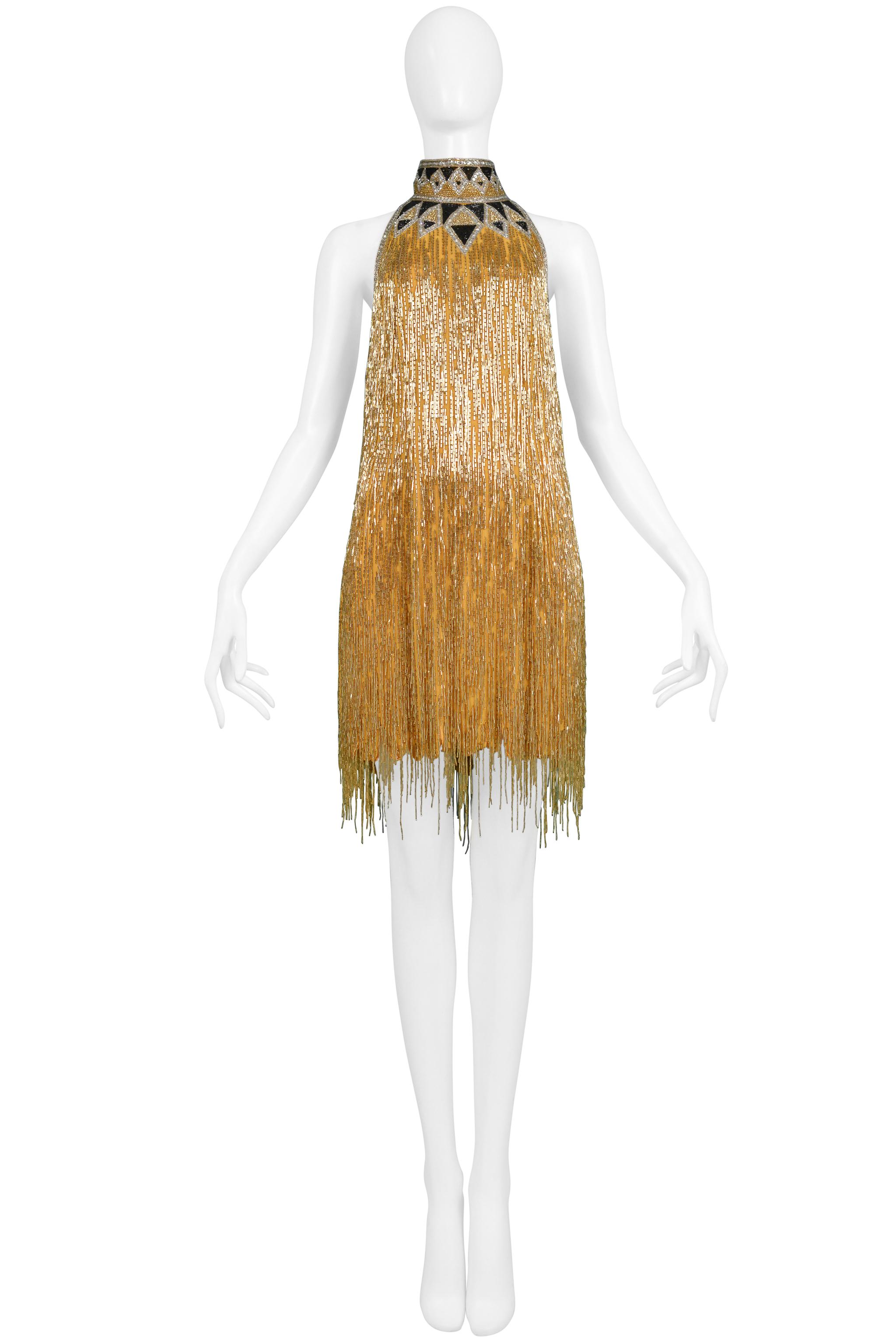 Impresionante Vestido Bob Mackie Dorado y Negro con Cuentas de Inspiración Decó y Espalda al Descubierto Beige en venta