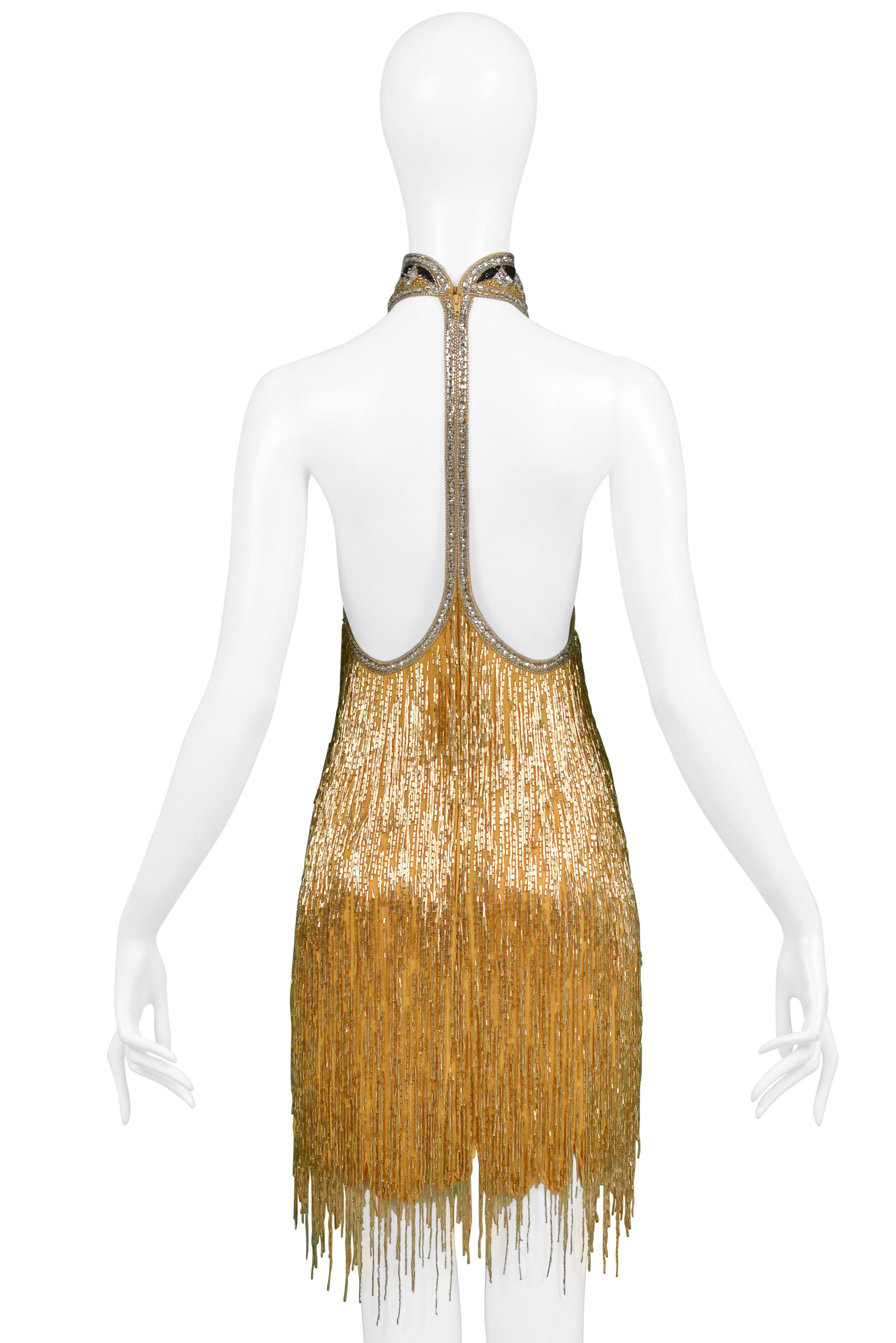 Impresionante Vestido Bob Mackie Dorado y Negro con Cuentas de Inspiración Decó y Espalda al Descubierto en Bueno estado para la venta en Los Angeles, CA