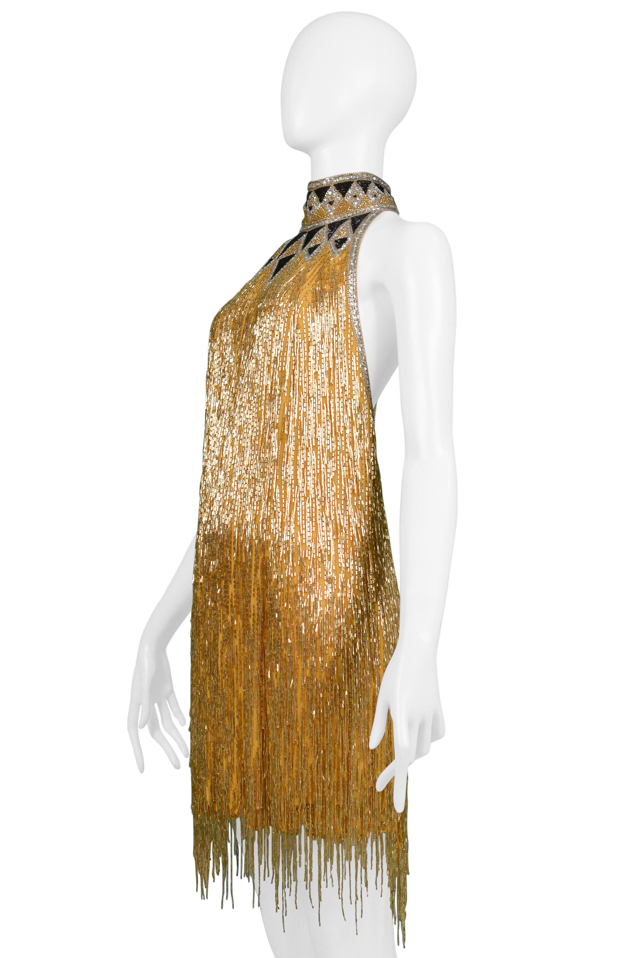 Impresionante Vestido Bob Mackie Dorado y Negro con Cuentas de Inspiración Decó y Espalda al Descubierto en venta 3