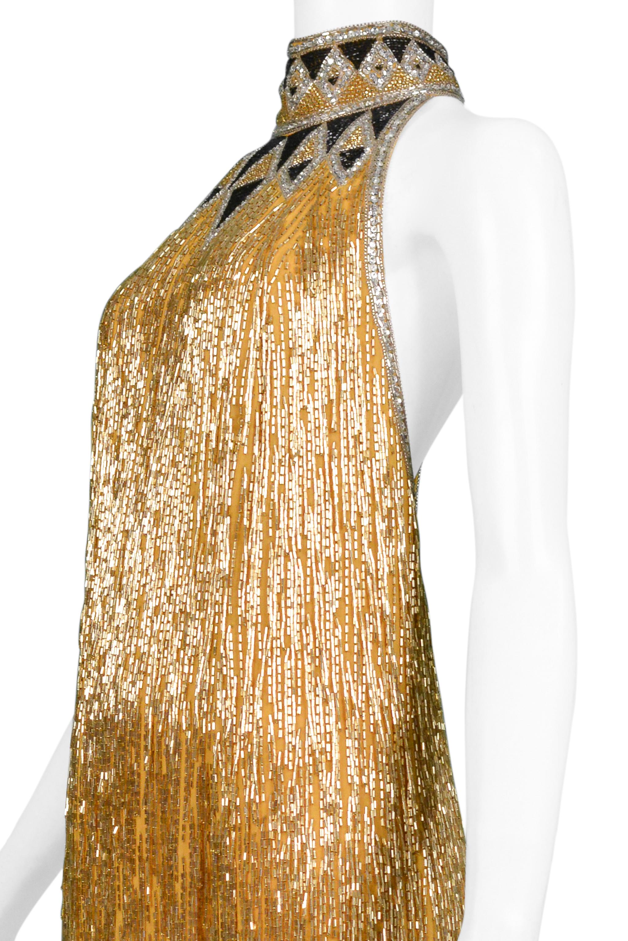 Impresionante Vestido Bob Mackie Dorado y Negro con Cuentas de Inspiración Decó y Espalda al Descubierto en venta 4