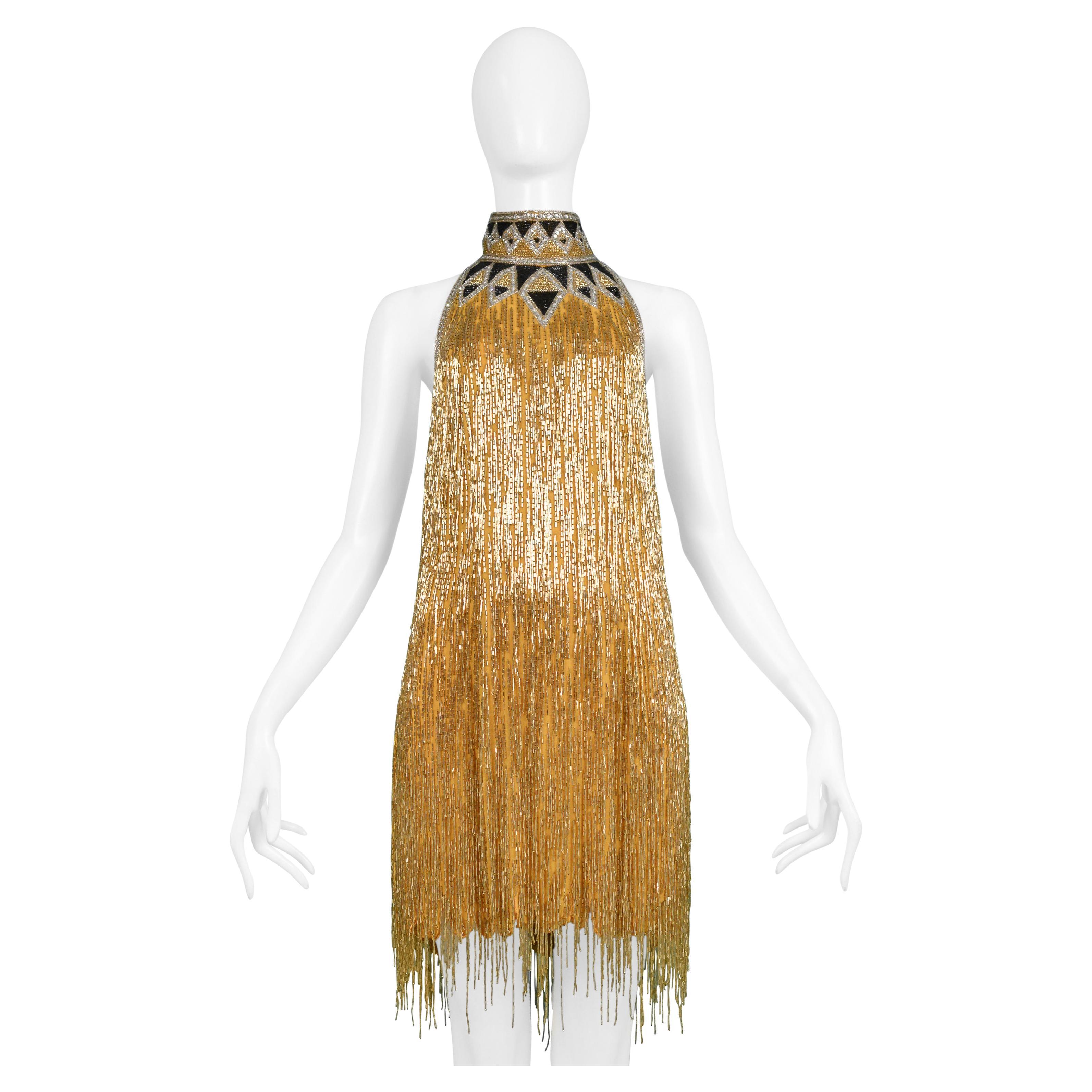 Impresionante Vestido Bob Mackie Dorado y Negro con Cuentas de Inspiración Decó y Espalda al Descubierto en venta