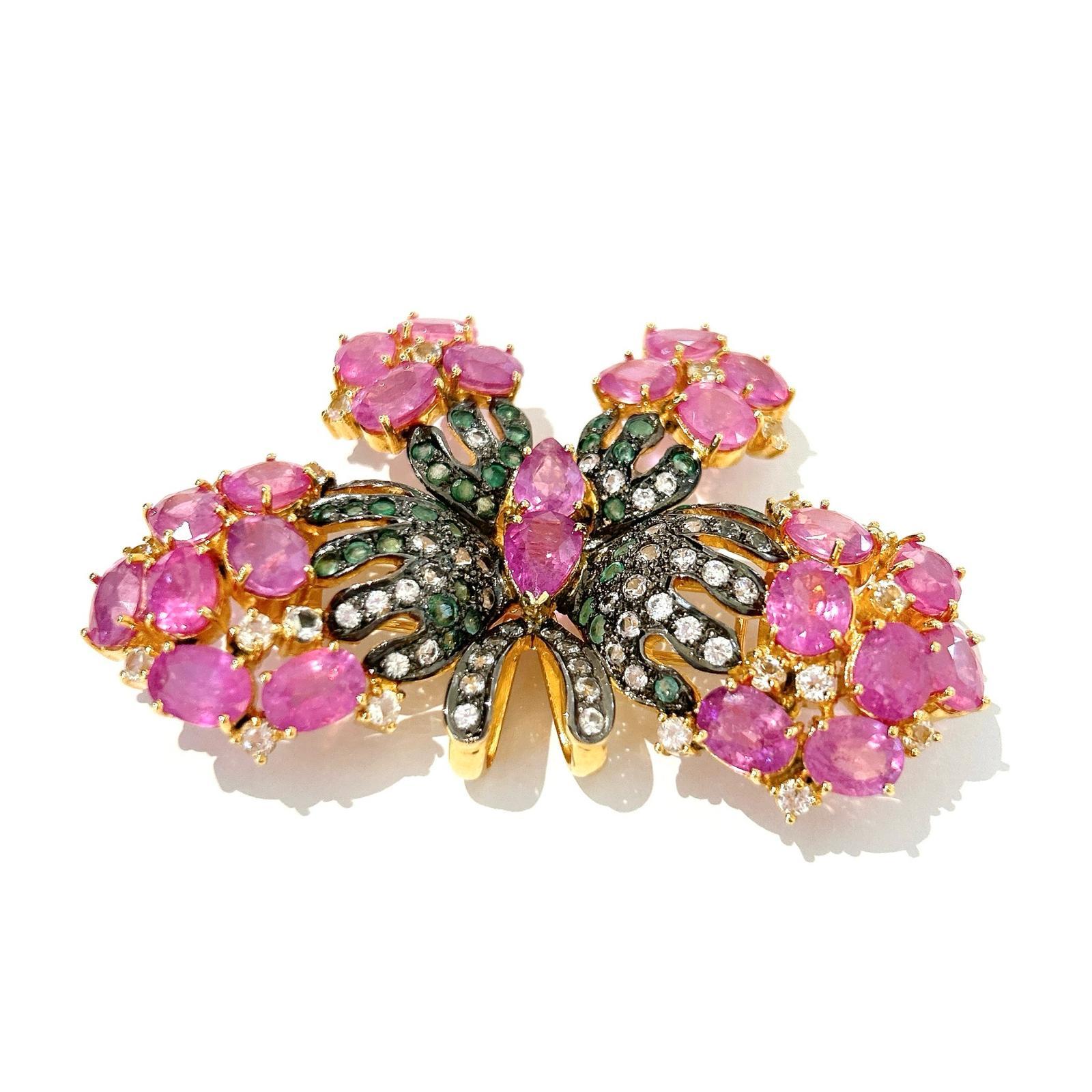 Retro Stunning Bochic “Orient” Multi Sapphires & Ruby Brooch Set In 18K Gold & Silver  For Sale