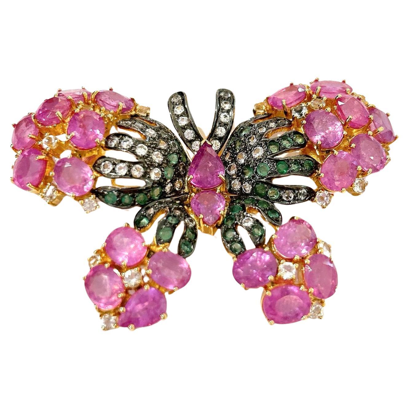 Stunning Bochic “Orient” Multi Sapphires & Ruby Brooch Set In 18K Gold & Silver  For Sale