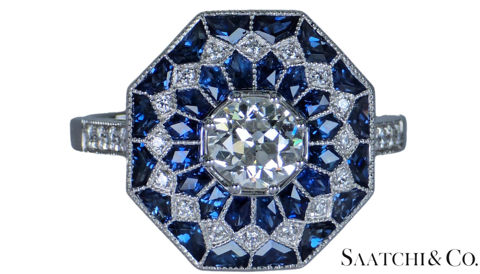 Donna Stupendo anello nuovo di zecca in platino 950 con diamante naturale VVS e zaffiro blu: Anello in vendita