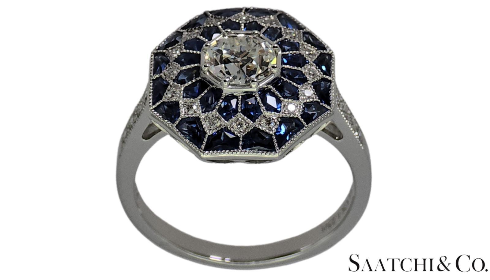 Stupendo anello nuovo di zecca in platino 950 con diamante naturale VVS e zaffiro blu: Anello in vendita 2