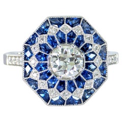 Superbe bague neuve en platine 950 avec diamant naturel VVS et saphir bleu : Bague