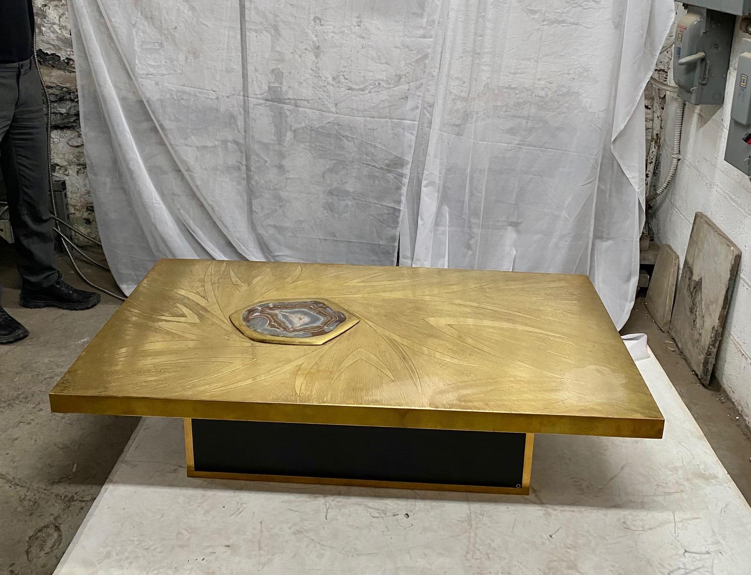 French Stunning Brass Acid Etched Coffee Table by Willy Daro For Sale