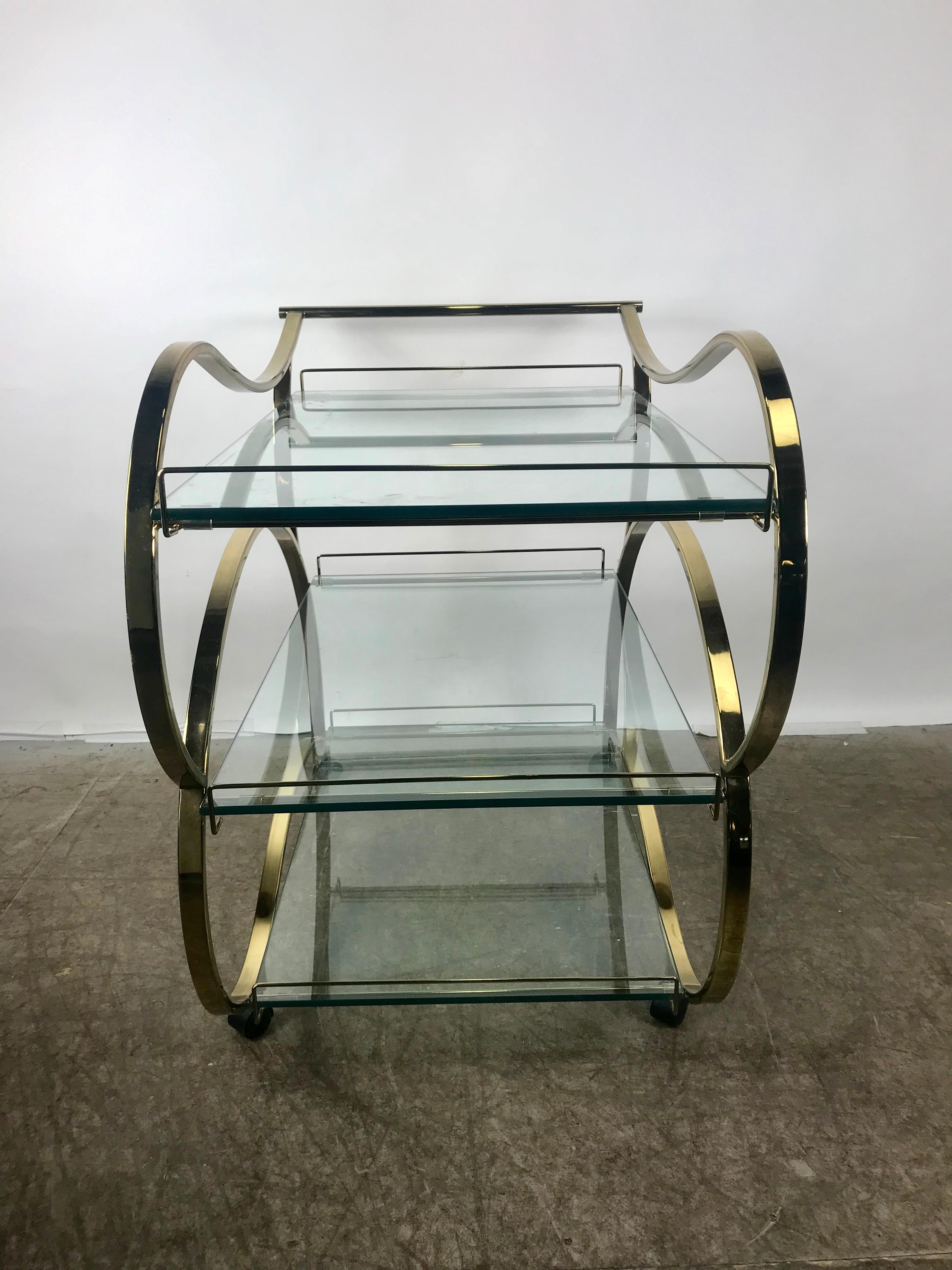 Streamlined Moderne Stunning Brass and Glass Modernist Tea or Bar Cart